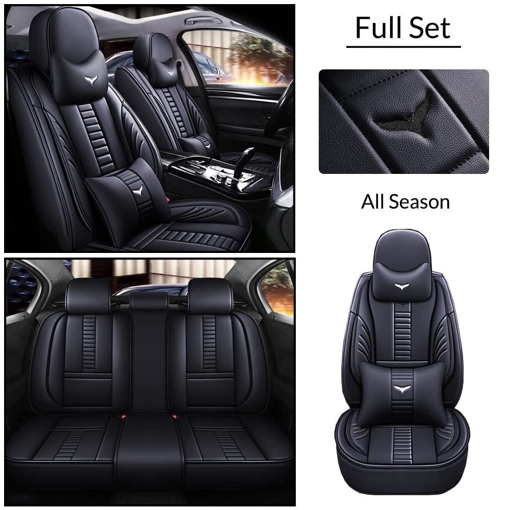 Universal Fit PU Leather Car Seat Covers Full Set for Jeep Compass 2017 - Black with Black Stitching | Includes Headrest Covers & Lumbar Support Pillow | Durable Protection for Commuting, Road Trips & Off-Road Adventures