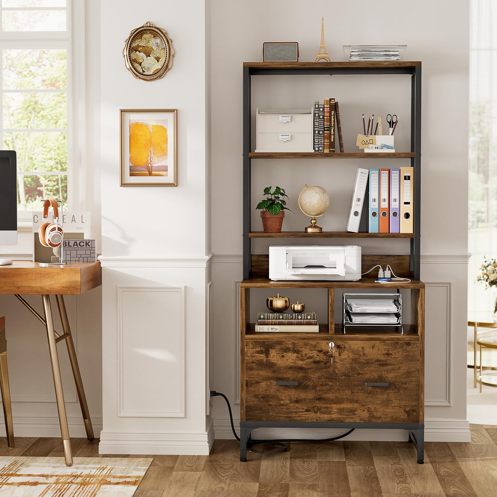 Homieasy Vertical File Cabinet with Charging Station & Lock - Rustic Brown Office Storage Cabinet for Letter/A4/Legal Size Files - Includes Large Drawer, Storage Shelves & Printer Stand - Perfect for Home Office Organization & Workspace Efficiency