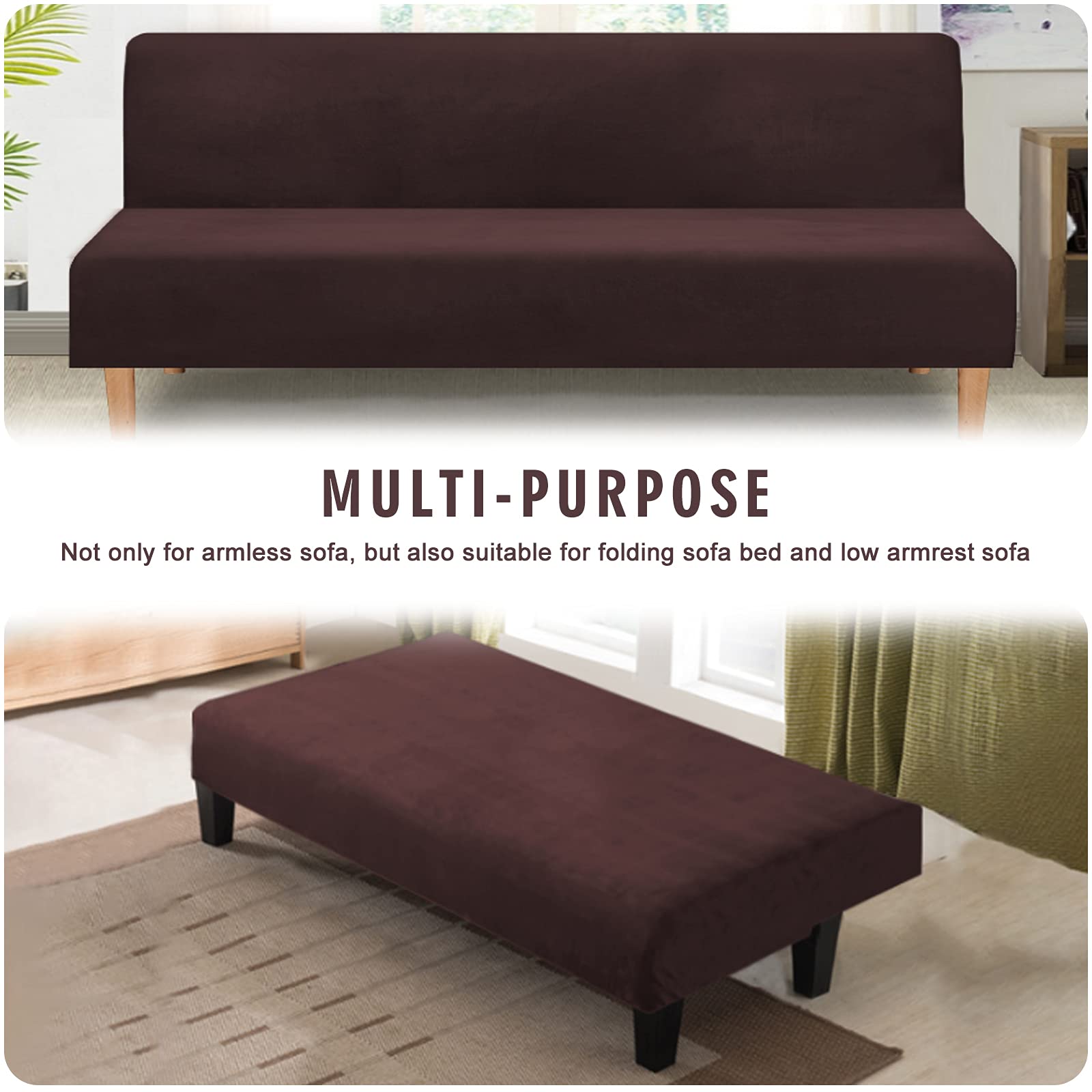 Stretch Sofa Slipcover Armless Futon Cover - Velvet Elastic Polyester Spandex Washable Furniture Protector for Sofa Bed & Folding Couch (Coffee Brown) | Perfect for Living Room, Dorm, Apartment & Home Decor