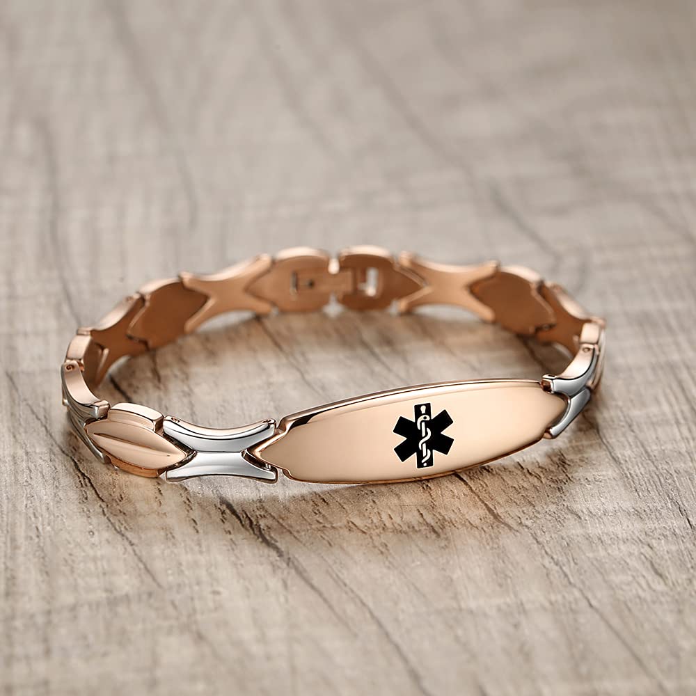 LinnaLove Shiny Stainless Steel Medical Alert Bracelet for Women - Free Engraving, Hypoallergenic & Durable - Perfect for Daily Wear, Emergency Medical ID & Fashion Accessory