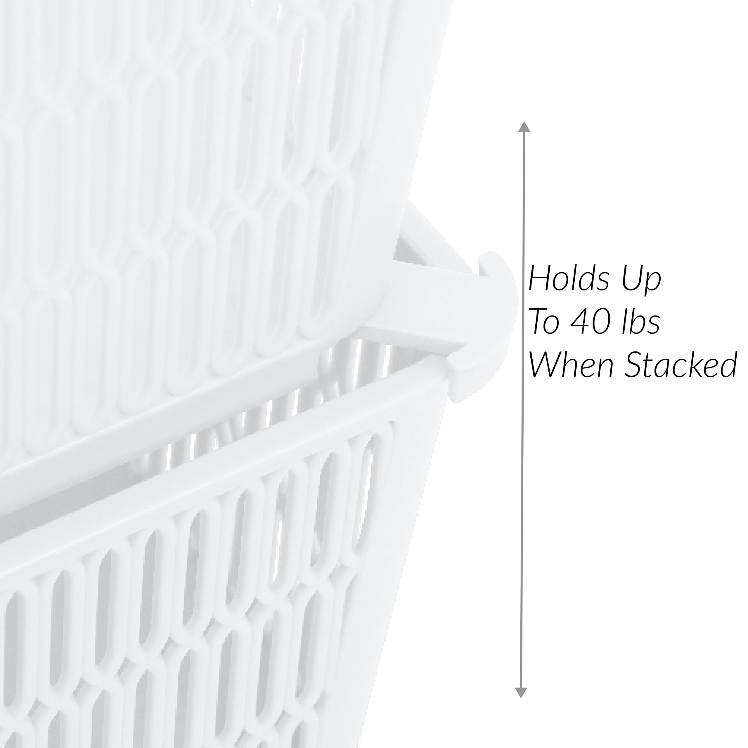 Simplify 4-Pack Large Slide 2 Stack It Tote Baskets - White Storage Bins with Stackable Design for Bathroom, Pantry, Office, Playroom & Craft Organization (KIT-25930-WHITE-4PK) | Perfect for Home Storage, Closet Organizers & Kids Toy Containers