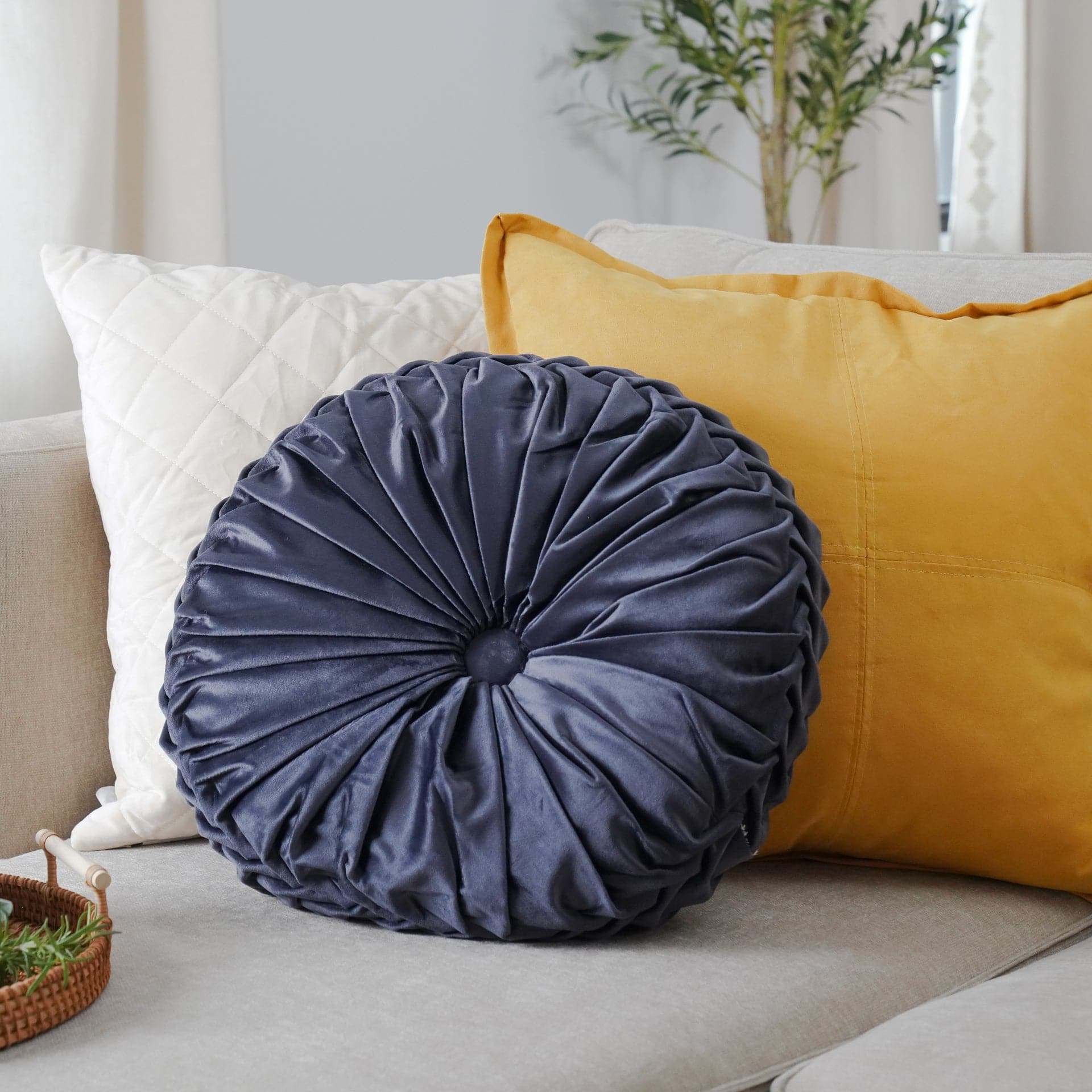 Round Pleated Soft Velvet Throw Pillow - Elegant Home Decor for Sofa, Bed & Couch - Cozy Accent Pillow for Living Room, Bedroom & Nursery