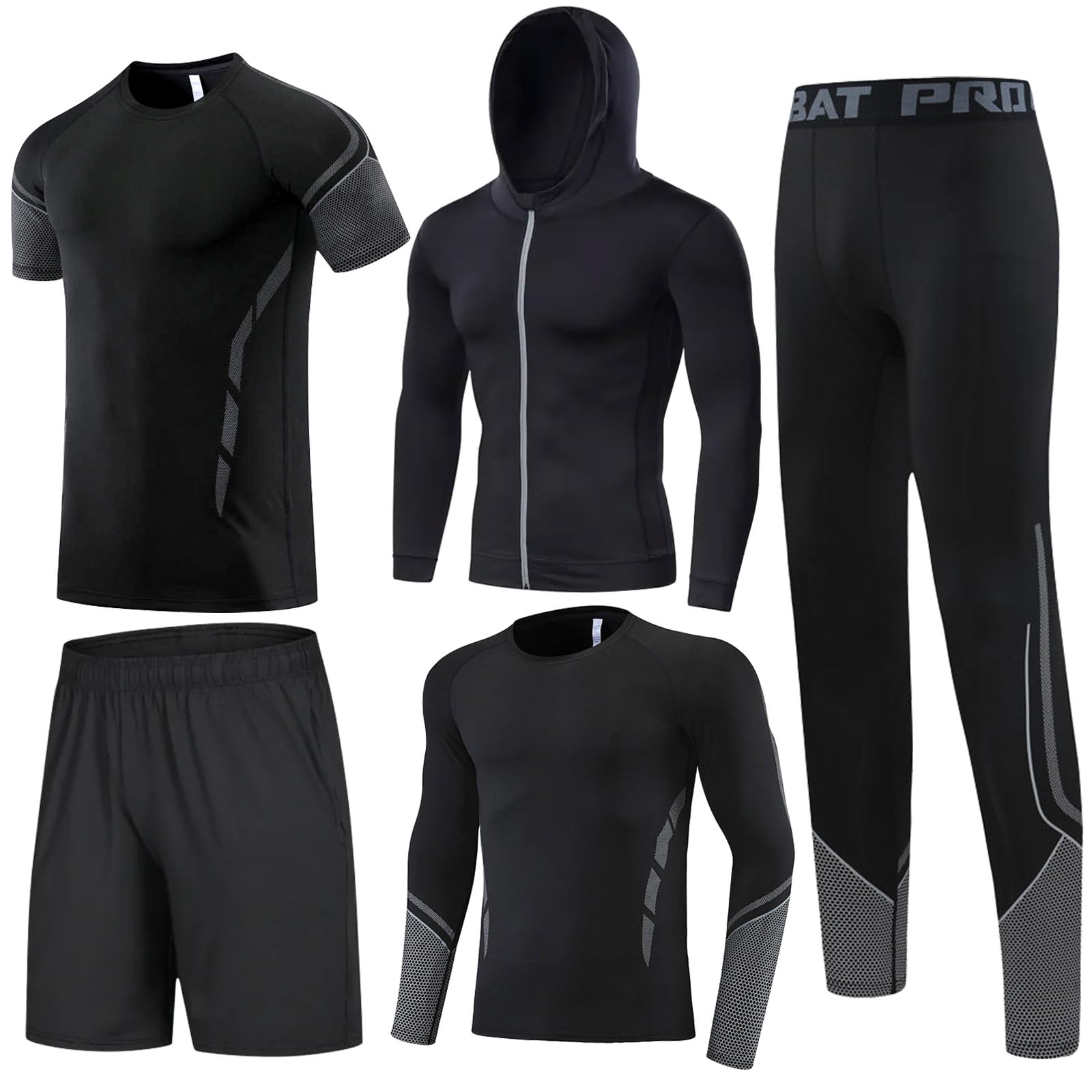 BOOMCOOL 5-Piece Men's Gym Clothes Set - Compression T-Shirt, Running Jacket, Leggings & Shorts - Moisture Wicking Activewear for Workout, Jogging & Training (Athletic Sportswear for Men)