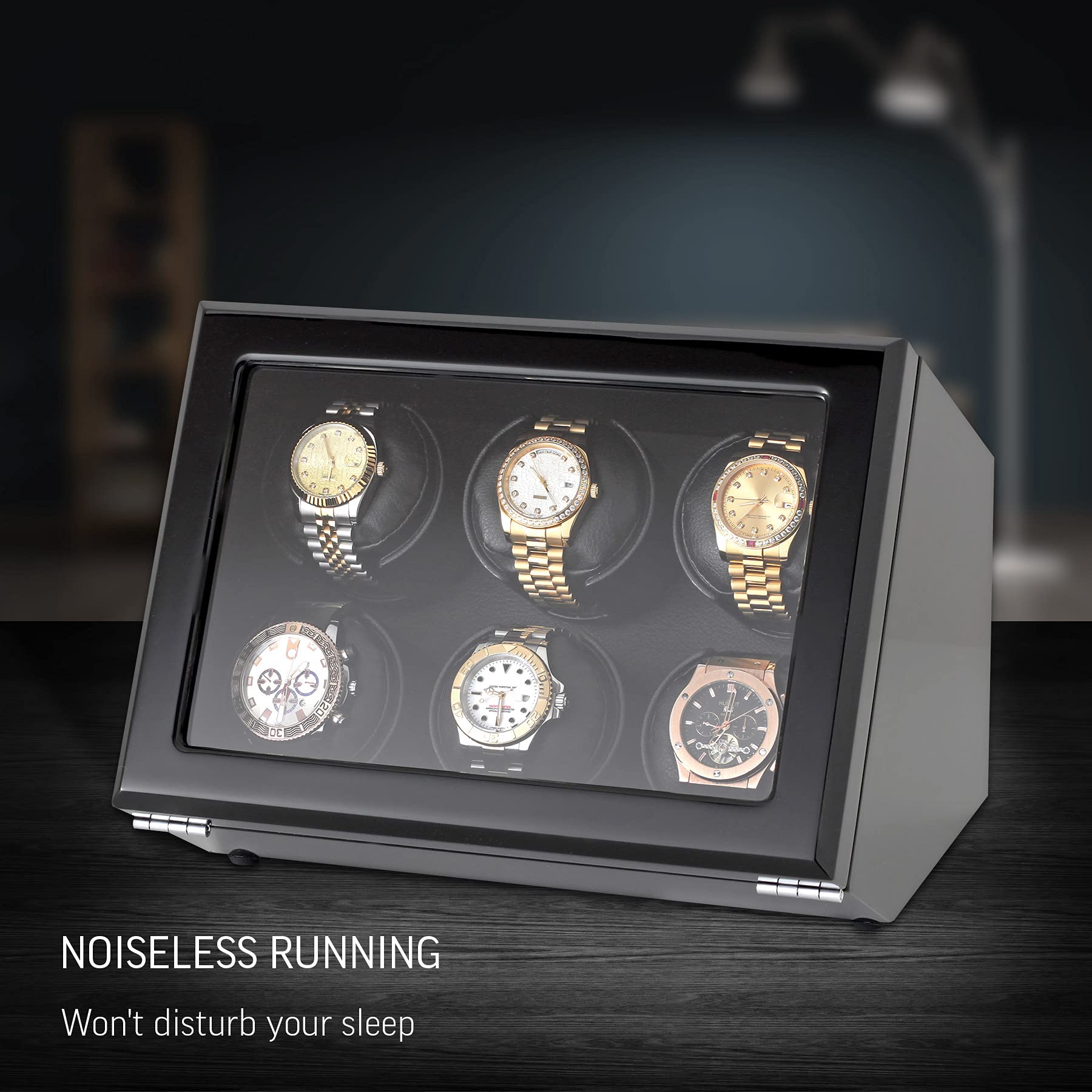 Premium 6 Automatic Watch Winder with Motor-Stop Function & Battery/AC Power - Perfect for Automatic Watch Storage, Display & Maintenance at Home/Office