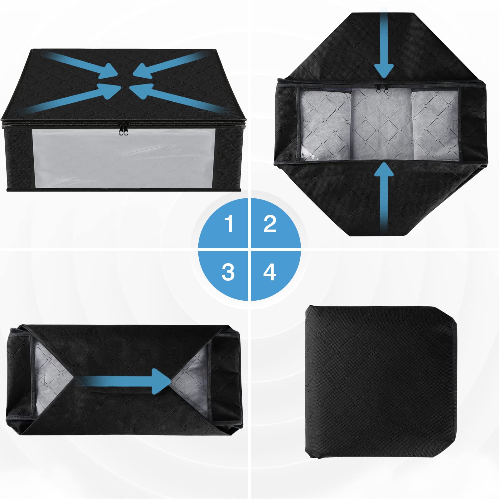HomeHacks 3-Pack Foldable Storage Bags with Clear Window & Sturdy Handles - 35L Clothes Organizer Box for Closet, Dorm, Travel | Perfect for Pillows, Bedding, Blankets, Stuffed Toys & Seasonal Clothing Storage (Black)