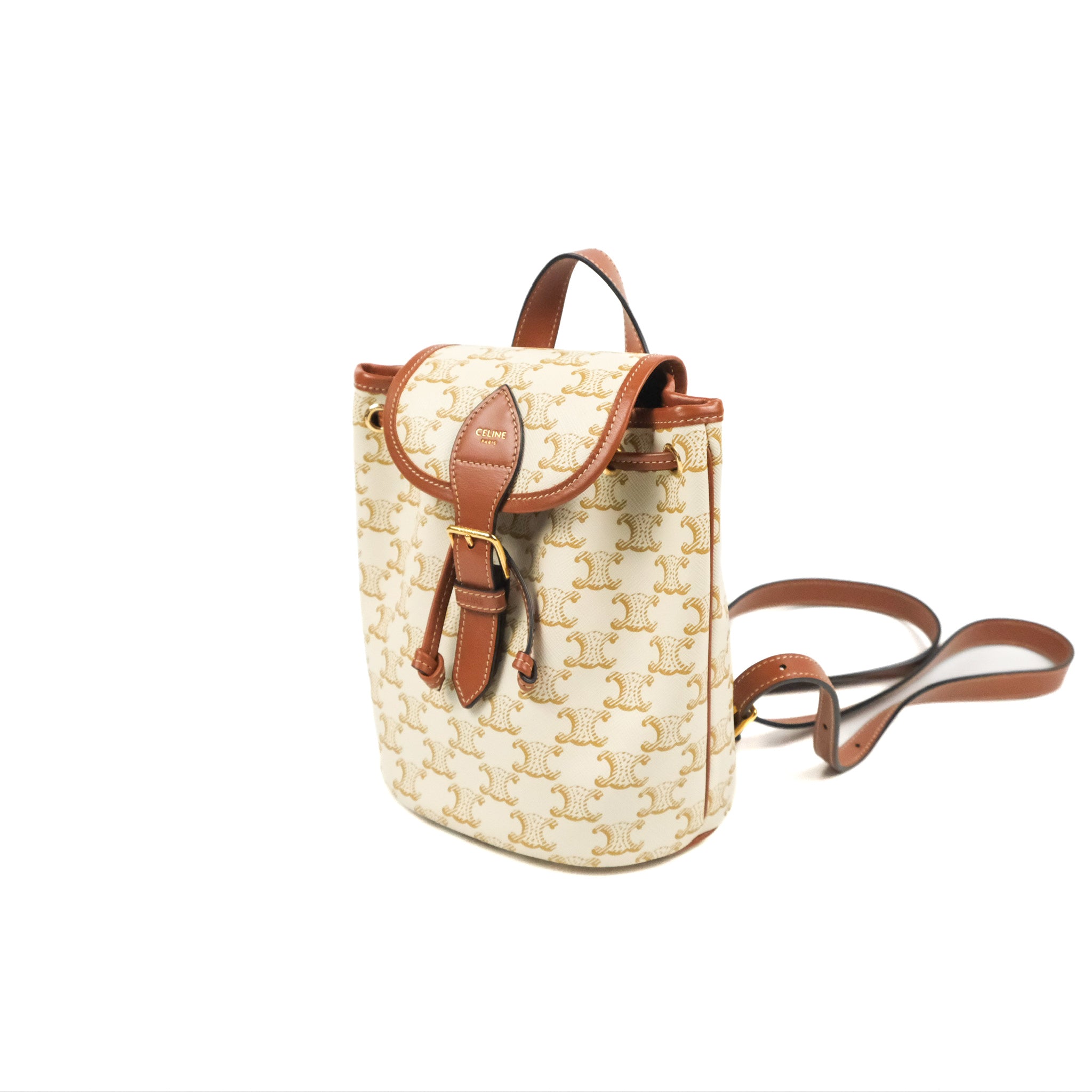 Celine Mini Floco Backpack in Triomphe Canvas - White & Tan Calfskin Leather | Stylish Luxury Backpack for Women, Travel & Everyday Use