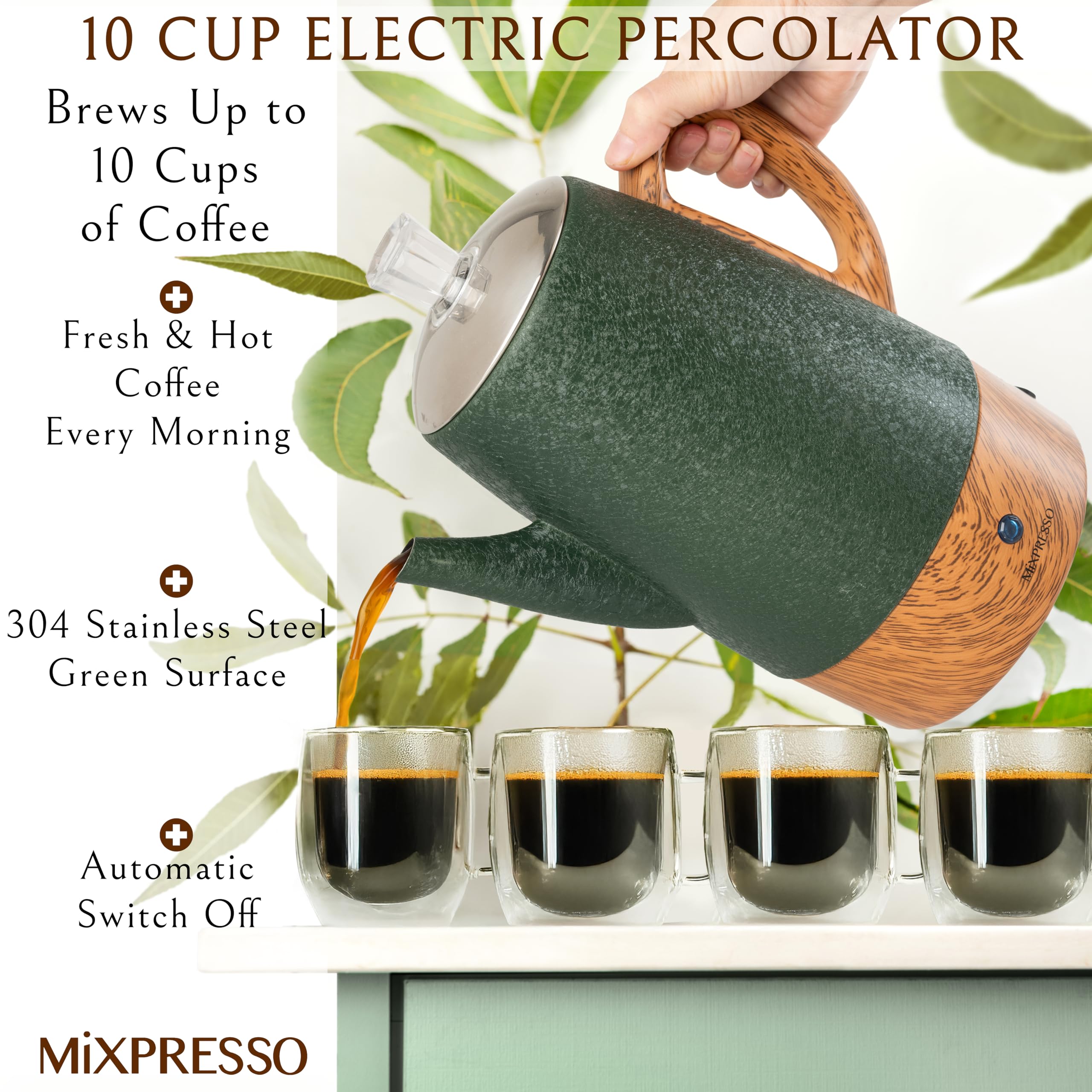 Mixpresso 10-Cup Electric Coffee Percolator with Keep Warm Function - Stainless Steel Coffee Maker with Basket for Home, Office & Camping (Shiny Green)