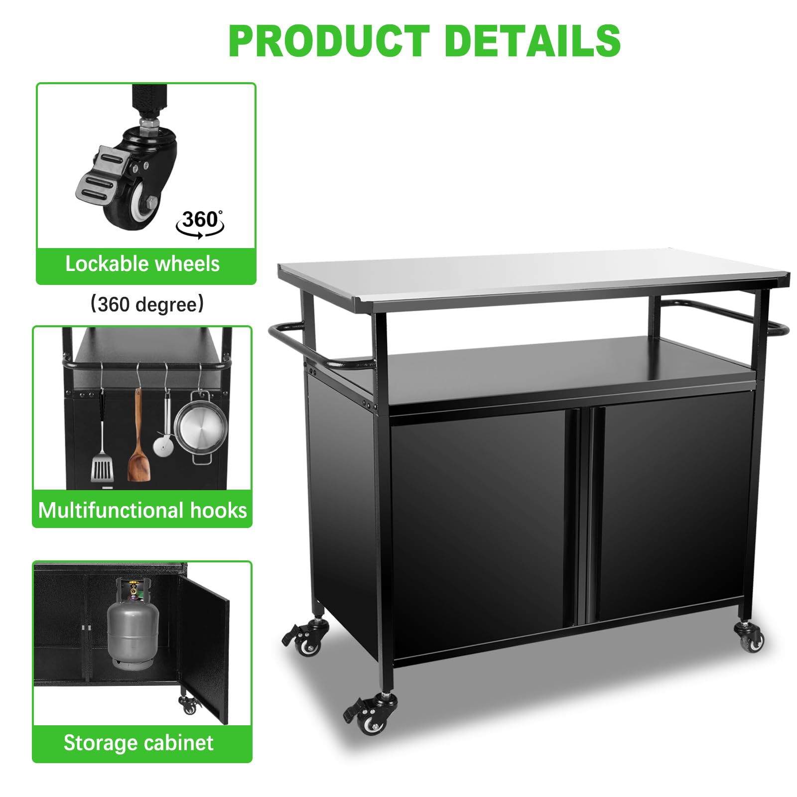Karpevta Stainless Steel Outdoor Grill Cart with Storage & Wheels - Portable BBQ Prep Table with Handle for Backyard, Patio, Camping & Tailgating | Perfect for Grilling, Food Prep & Outdoor Entertaining