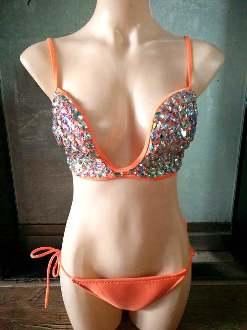 Sexy Deep V Halter Bikini with Rhinestone & Crystal Details - Women's Luxury Bandage Swimwear for Pool, Beach & Vacation