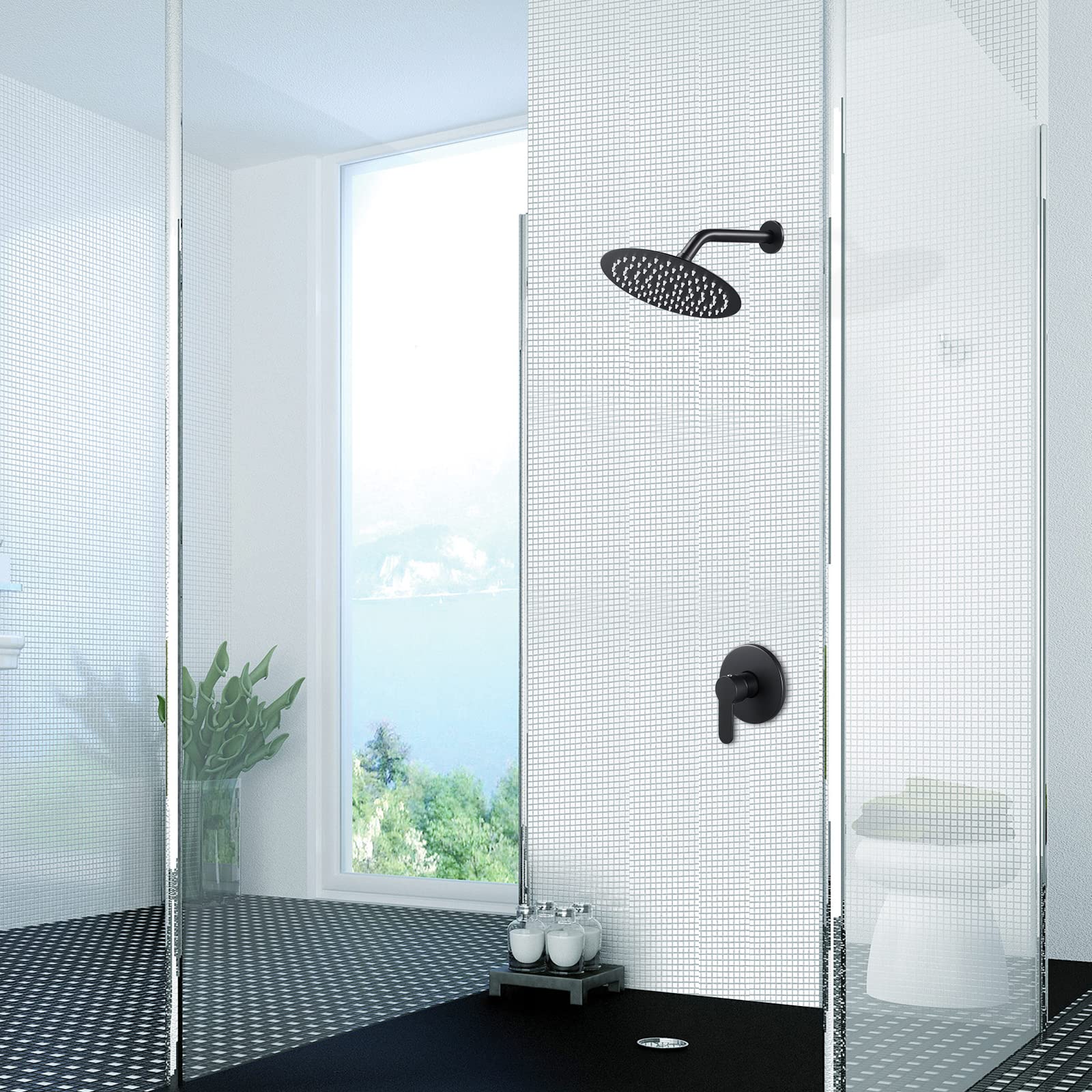 POPFLY Black Shower Faucet Set - 8 Inch Rainfall Shower System with Single Function Trim Kit & Rough-in Valve | Modern Bathroom Upgrade for Spa-Like Experience