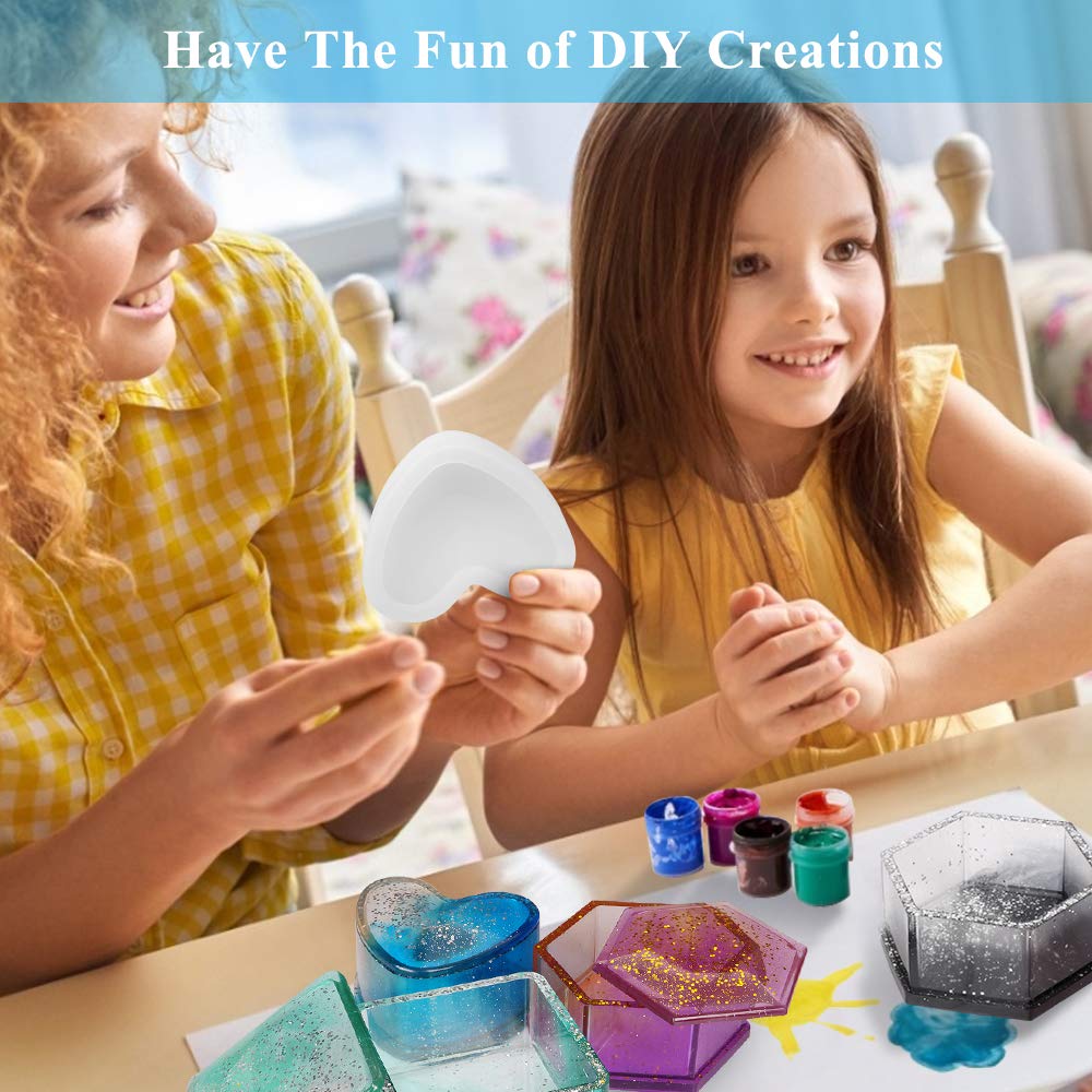 Hexagon & Heart Shape Epoxy Resin Jewelry Box Molds - Silicone Storage Box Molds for DIY Resin Casting Crafts, Home Decor, and Gift Making - Perfect for Jewelry Organizers, Wedding Favors, and Handmade Decorations