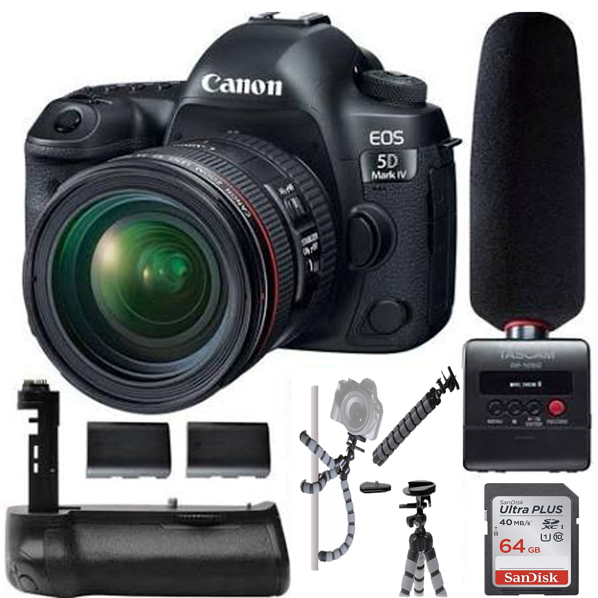 Canon EOS 5D Mark IV DSLR Camera with EF 24-70mm f/2.8L IS II USM Lens & Tascam DR-10SG Digital Audio Recorder Kit - Professional Photography and Videography Setup for Wedding, Vlogging, and Studio Production