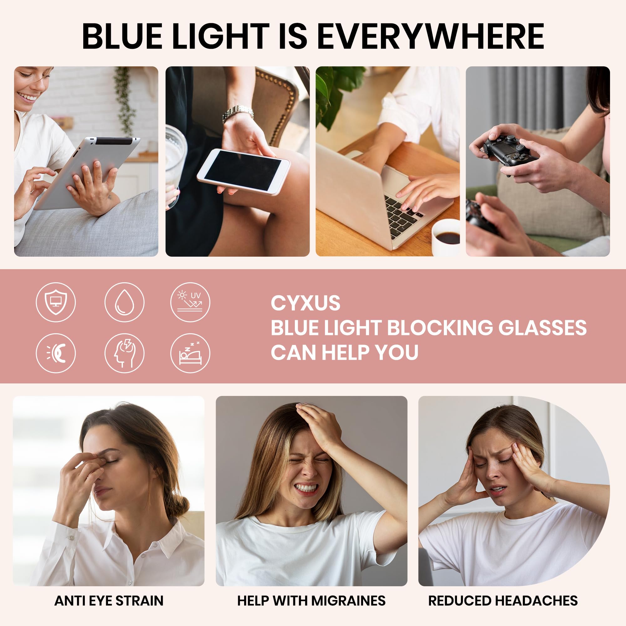 Cyxus Blue Light Blocking Glasses for Women - Stylish Computer Glasses for Office Work, Reading & Screen Time - Reduce Eye Strain & Prevent Migraine - Perfect for Working, Studying & Digital Device Use