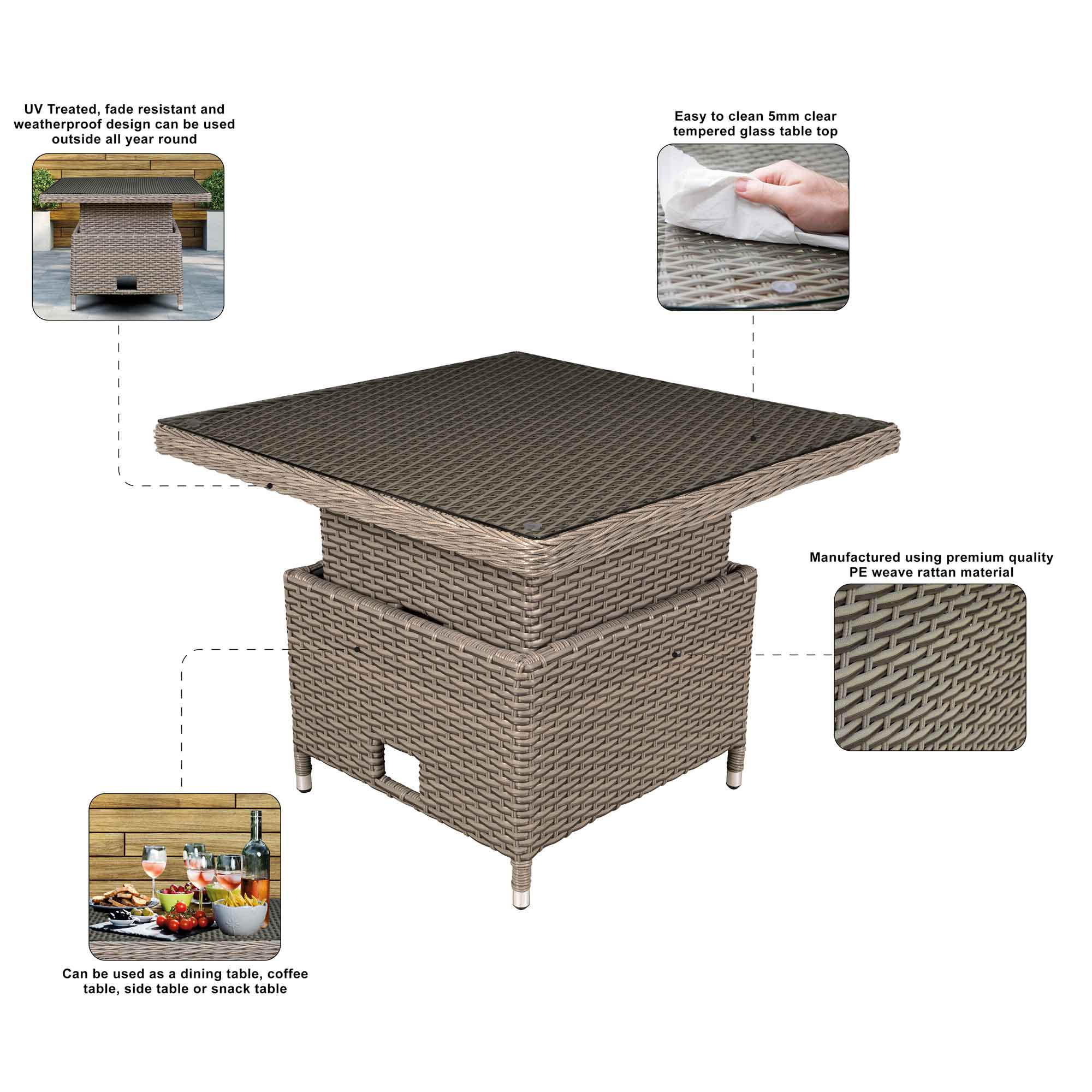 Chester Rattan Wicker Adjustable Height Outdoor Dining Table - Brown (DG73) | Perfect for Patio, Garden & Backyard Dining
