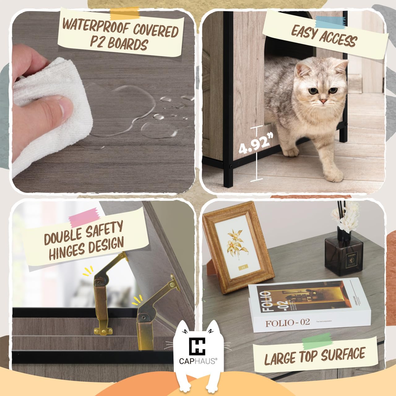 CAPHAUS White Wooden Cat Litter Box Furniture with Divider - Hidden Flip-Top Enclosed Washroom for Large Cats - Indoor Cat House with Double Doors & Metal Frame - Perfect for Small Spaces & Home Decor