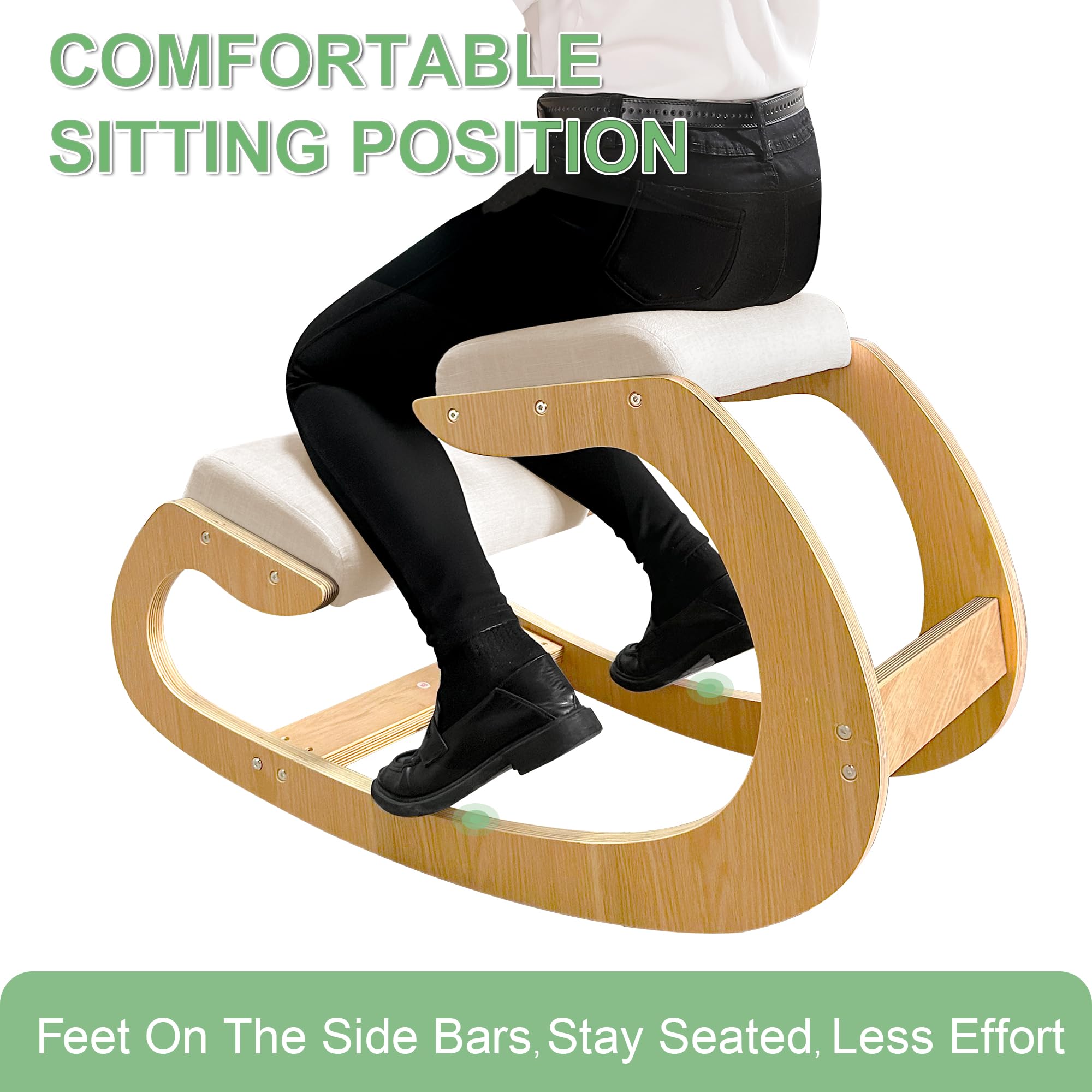 Ergonomic Kneeling Chair for Home Office - Adjustable Rocking Stool with Wooden Frame & Linen Cushion - Posture Corrector for Back & Neck Pain Relief - White Oak - Perfect for Meditation, Reading & Desk Work