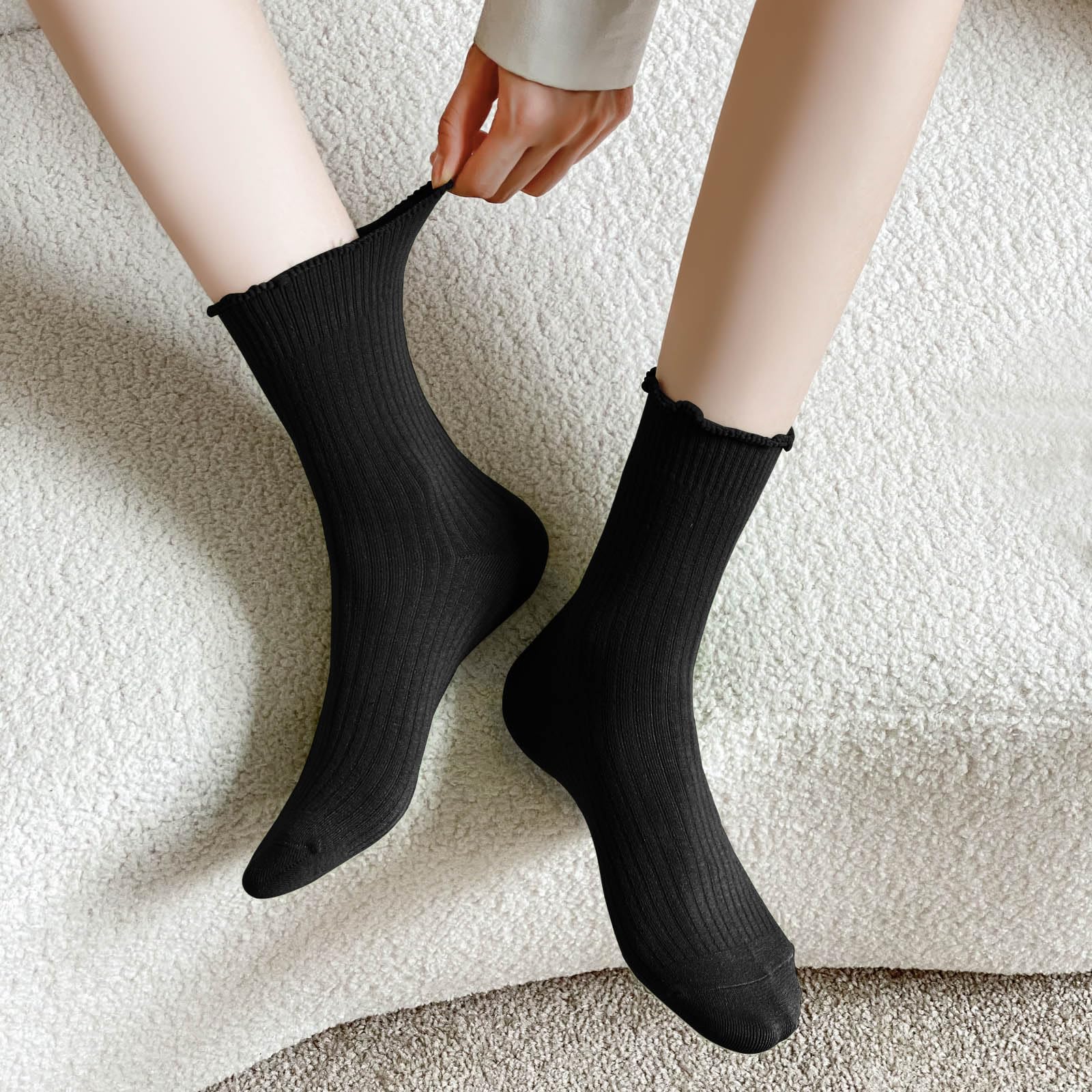 Zrylibya Women's Cute Ruffle Frilly Ankle Socks - 4 Pairs Pack of Solid Color Casual Crew Socks for Everyday Wear, Workout & Fashion Outfits