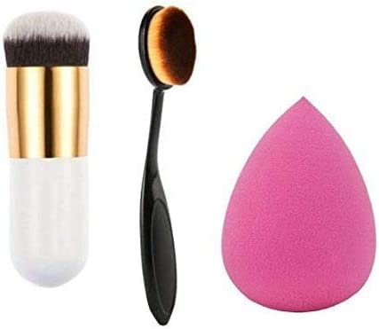 RECTYO GALLERY Professional Oval Foundation Brush & Sponge Puff Set - 3 Pack Multicolor Makeup Brushes for Flawless Liquid & Powder Foundation Application