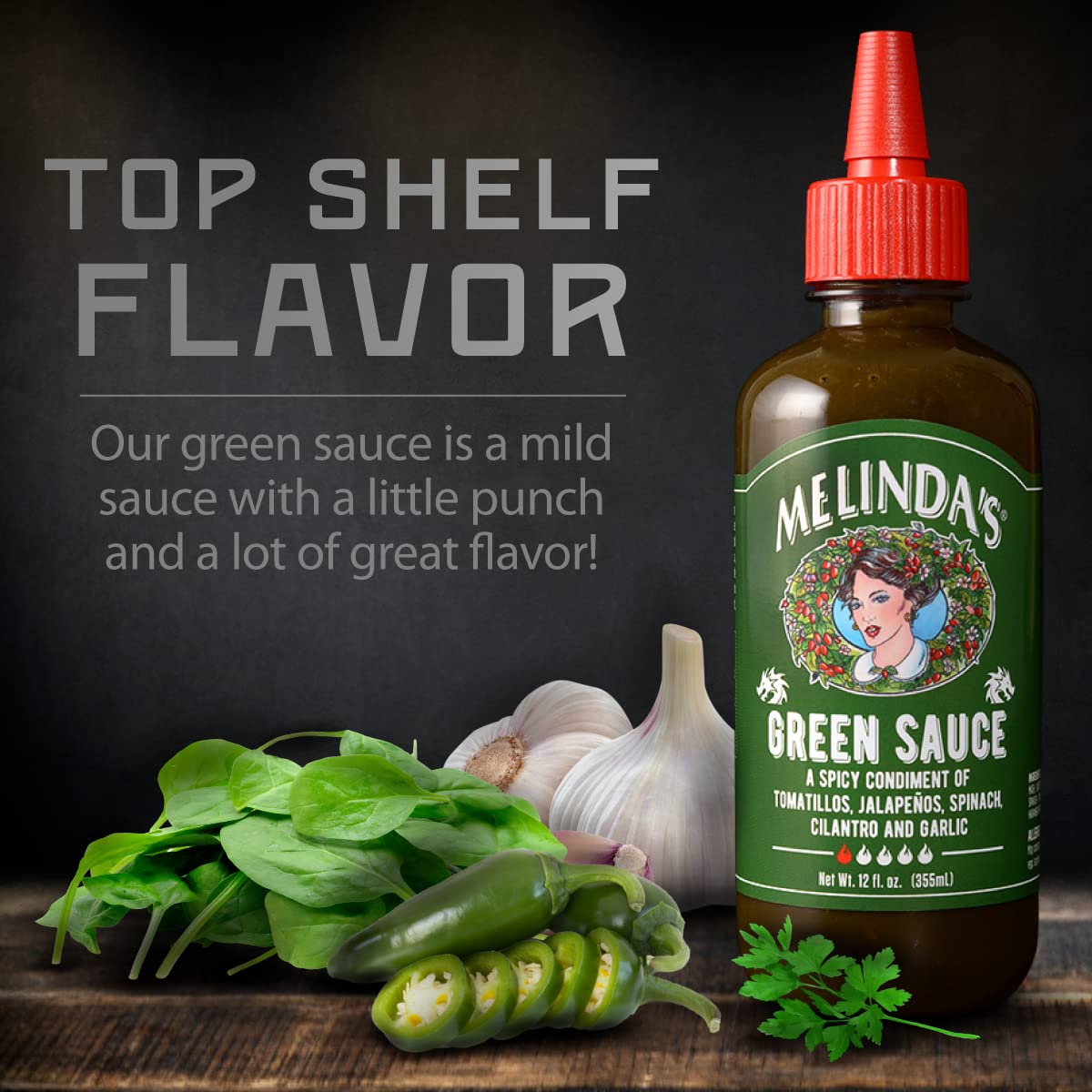 Melinda's Mild Green Chile Hot Sauce - 12 oz Bottle | Gourmet Verde Sauce with Fresh Tomatillos, Jalapeño, Spinach & Cilantro | Kosher Certified | Perfect for Tacos, Burritos, Eggs & Grilled Meats
