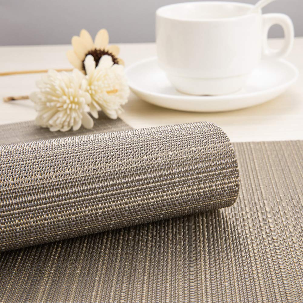 Myir JUN Set of 8 Washable Non-Slip Heatproof Woven Placemats - Golden Silver PVC Table Mats for Dining Room, Kitchen, and Indoor Use - Durable Fabric Placemats for Everyday Meals and Special Occasions