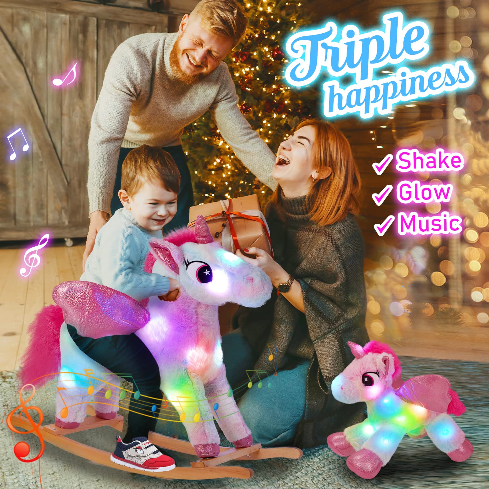 Glow Guards Light Up Musical Unicorn Rocking Horse Set - 2 Pack with Stuffed Rainbow Unicorn Toy & Wooden Chair | Ride-On Toy for Toddlers Ages 3-6 | Perfect Gift for Birthday, Christmas & Indoor Playtime