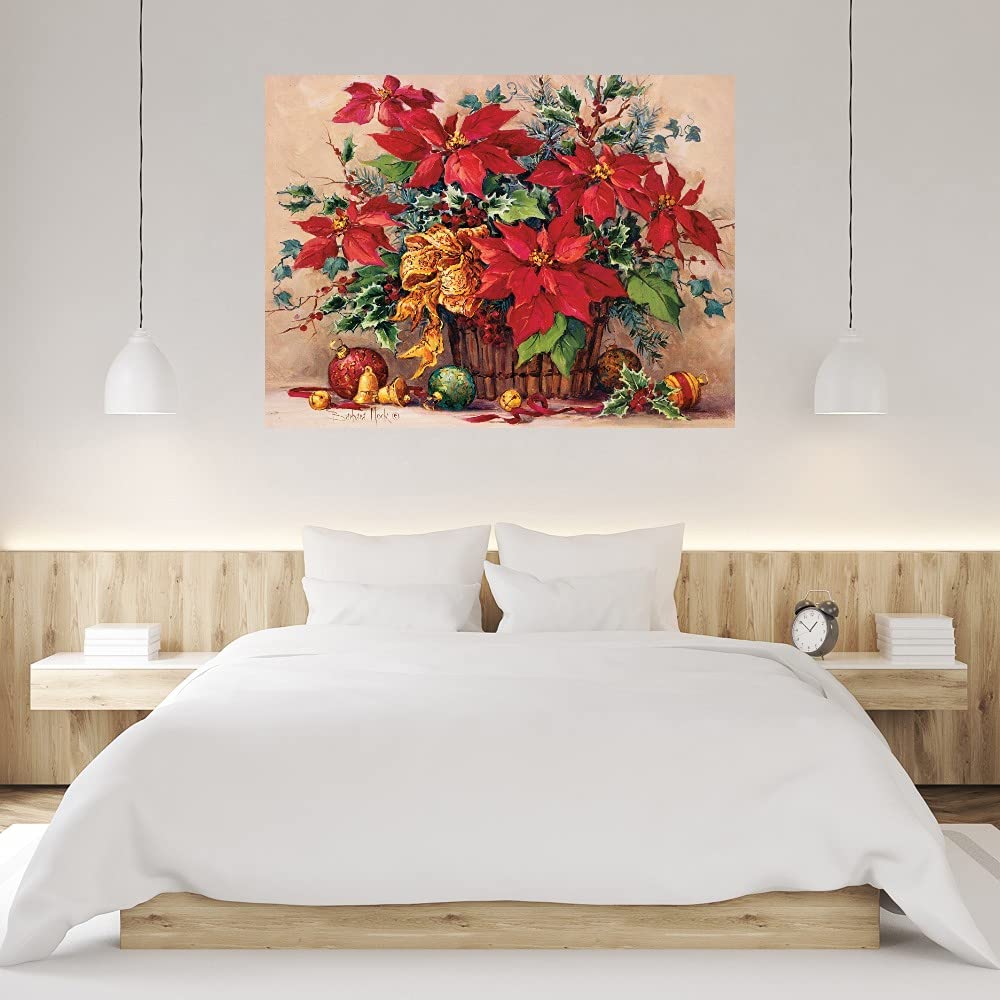 Festive Poinsettia Basket Wall Art Canvas Print by Barbara Mock - 32x24 Inch Ready-to-Hang Painting for Living Room, Bedroom, Office Decor - Perfect for Christmas Holiday Home Decoration & Gift