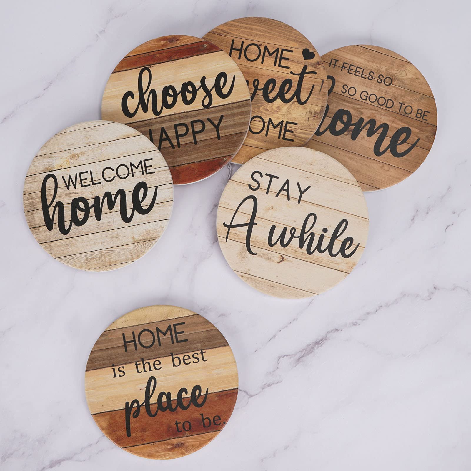 Adorever 6-Pack Absorbent Ceramic Drink Coasters with Holder - Rustic Farmhouse Style for Coffee Table Protection | Perfect Housewarming Gift & Home Decor for Kitchen, Living Room, and Dining Room Use