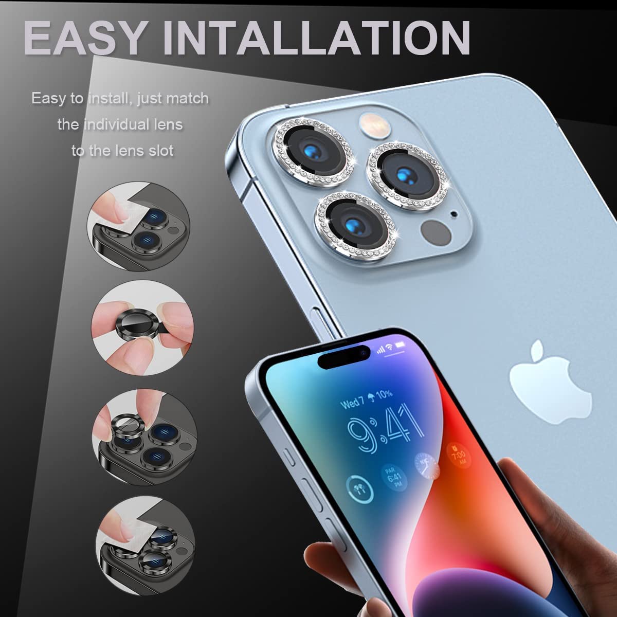 MAYBAL® Diamond Camera Lens Protector for iPhone 13 Pro & 13 Pro Max - HD Clear Tempered Glass Screen Protector, Case-Friendly, Scratch-Resistant Cover (Silver) | Perfect for Outdoor Photography, Travel & Daily Protection