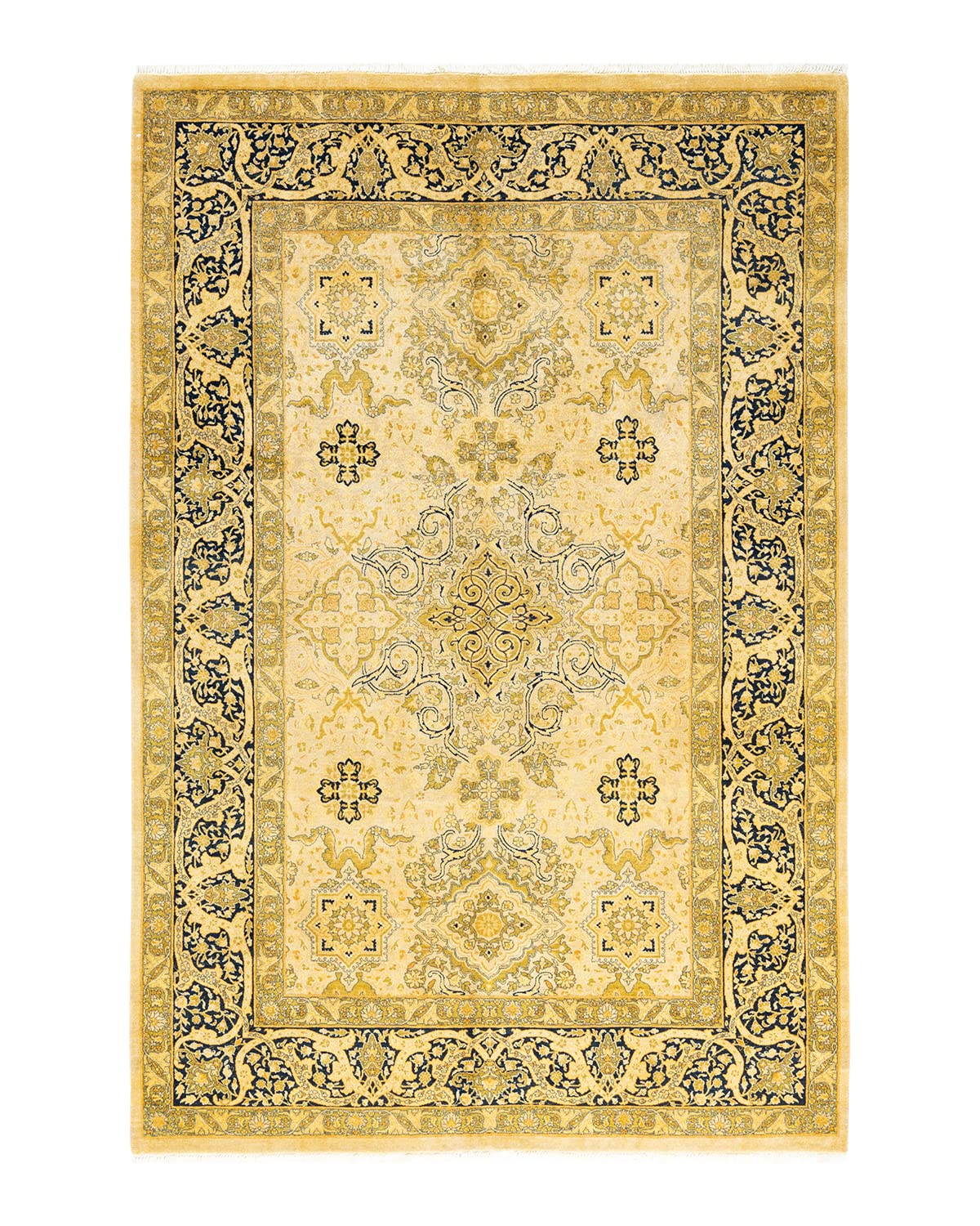 Handmade Wool Oriental Mogul Ivory 6x9 Area Rug - Traditional Hand-Knotted One-of-a-Kind Solo Rugs for Living Room, Bedroom & Dining Room Decor