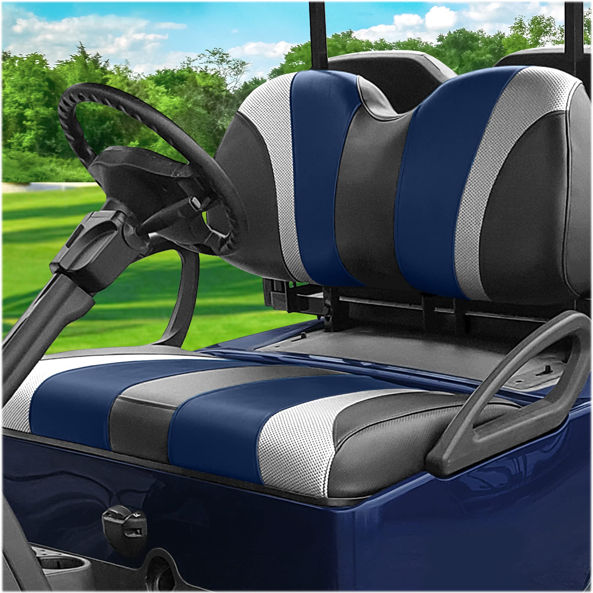 Premium Club Car Golf Cart Seat Covers for Precedent, Onward & Tempo Models - Waterproof Staple-On Design with Phone Holder - Navy Blue & Black - Perfect for Golf Courses, Resorts & Neighborhood Cruising