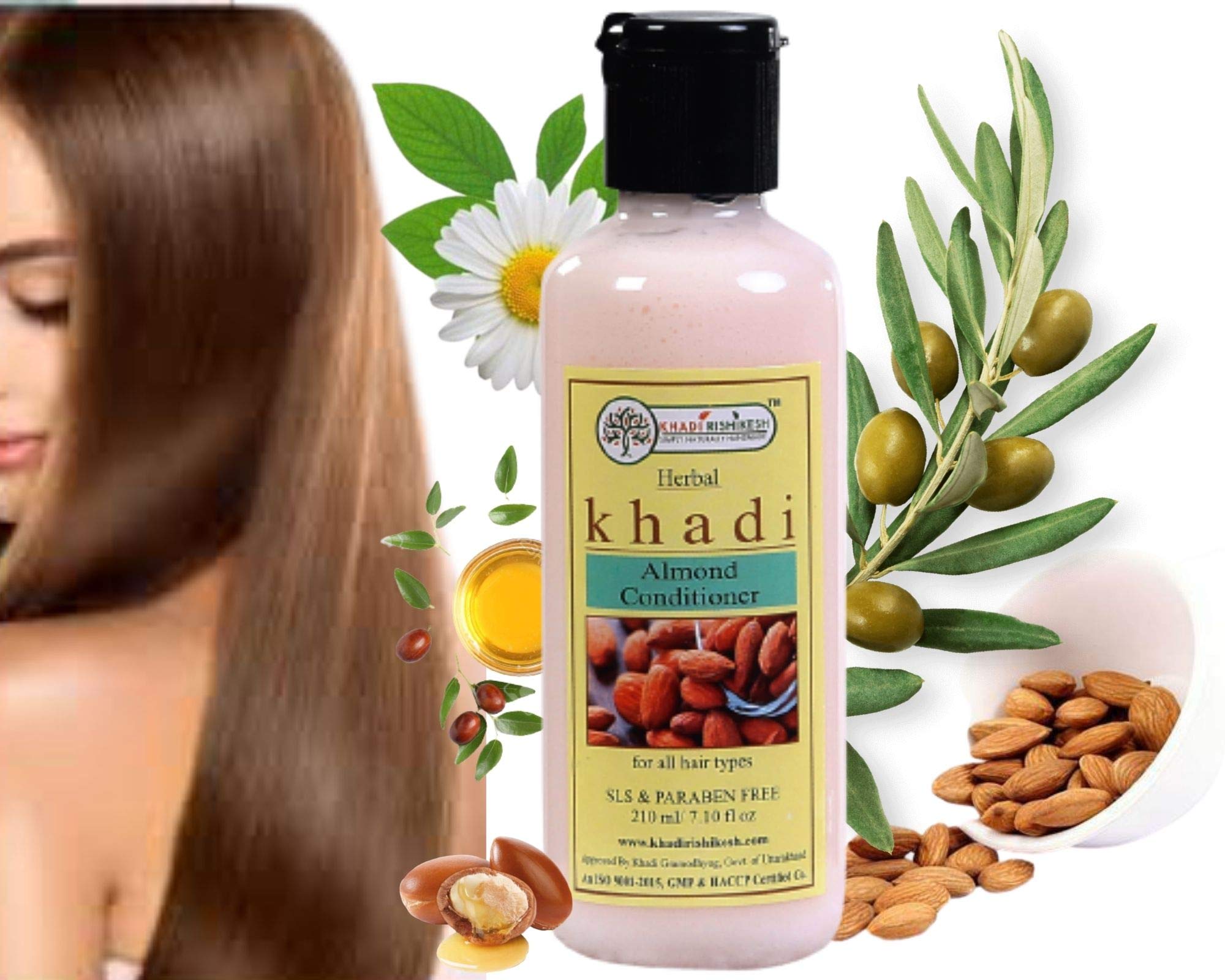 Khadi Rishikesh Herbal Almond Hair Conditioner 210ml - Natural Hair Fall Control for Long, Strong & Healthy Hair | Reduces Breakage & Frizz | Vegan Hair Rescue Treatment for Weak, Damaged Hair | Perfect for Daily Use & Post-Wash Care | Includes Free Bathing Loofah Sponge