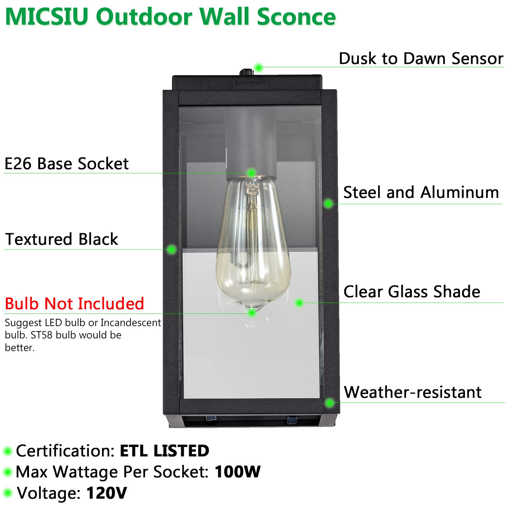 MICSIU 2 Pack Dusk to Dawn Outdoor Wall Lights - 11 Inch Matte Black Exterior Lantern with Clear Glass - Weatherproof Porch, Garage, Doorway & Pathway Lighting for Home Security & Curb Appeal