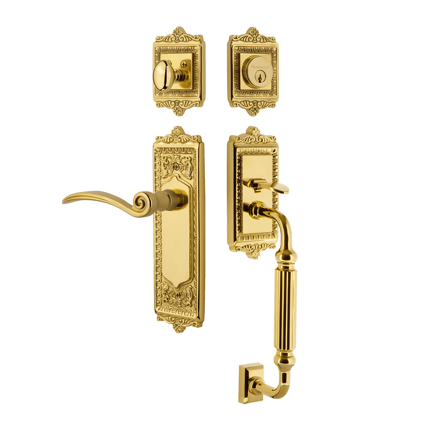 Polished Brass Egg & Dart Door Handleset with F Grip and Swan Lever - Vintage Style Entry Door Hardware for Classic Home Decor