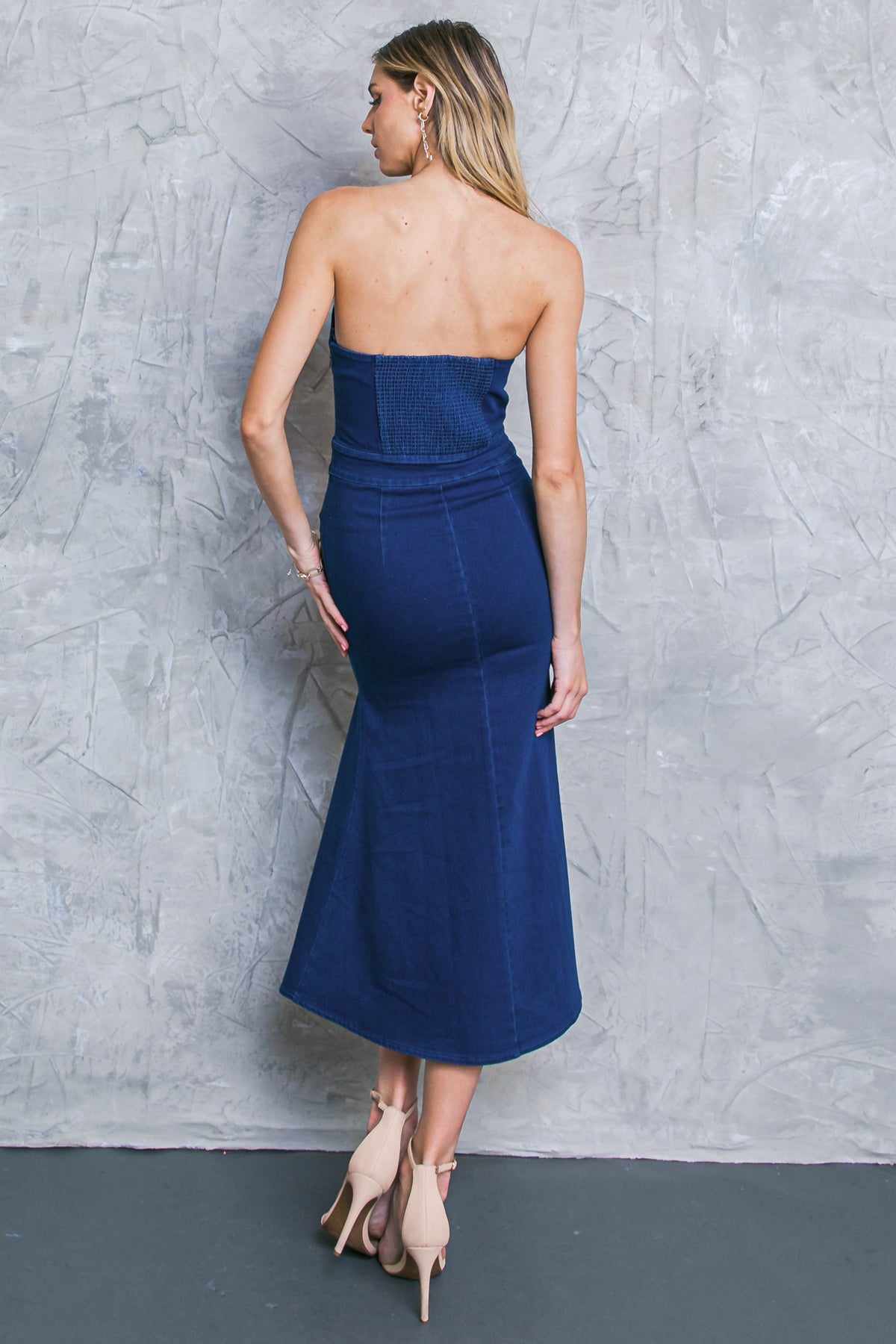 ALWAYS PLAYFUL Strapless Mermaid Denim Midi Dress - Perfect for Beach Parties, Date Nights & Summer Vacations