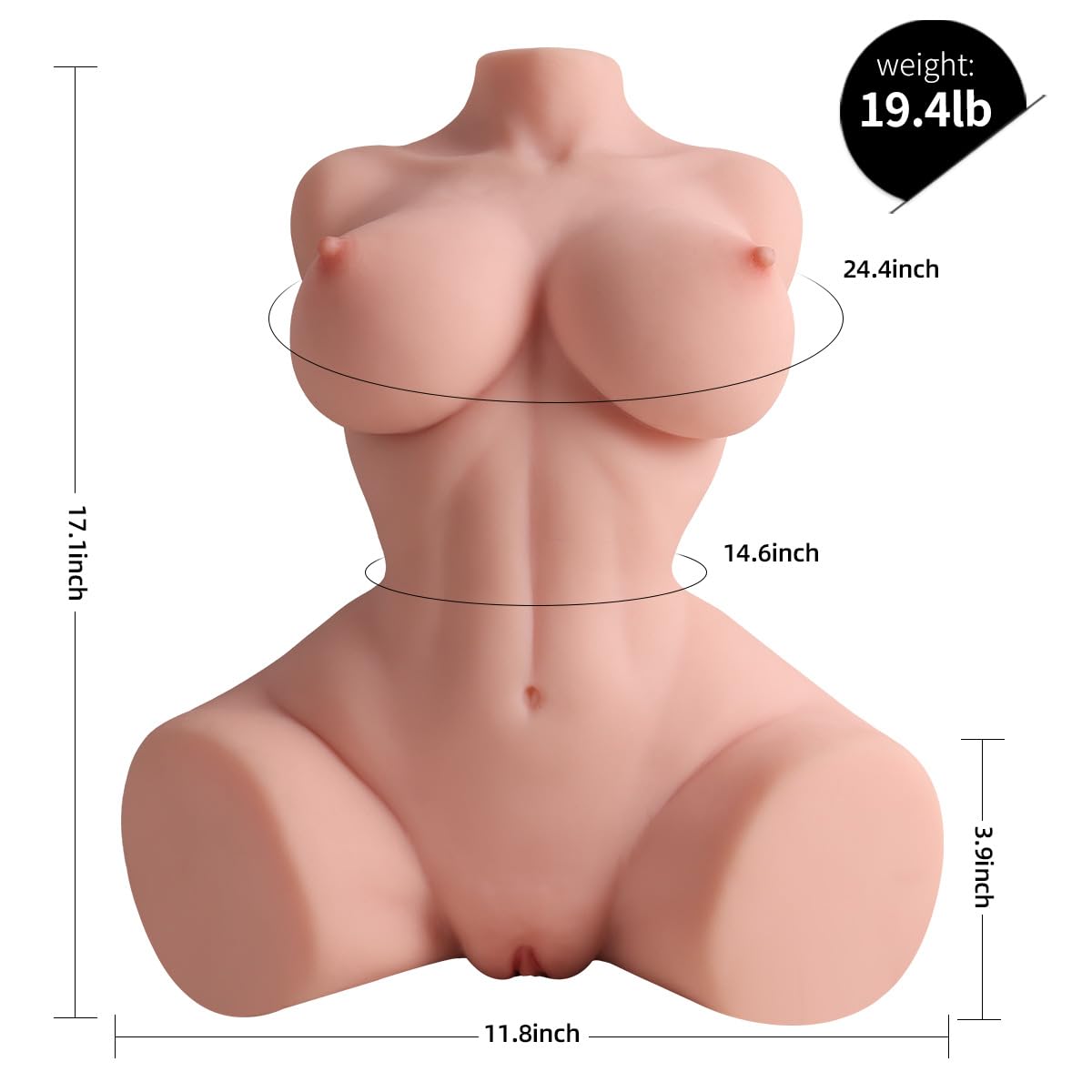 Realistic 3-in-1 Sex Doll for Men - 19.3 LB Adult Toy with Pussy, Ass & Short Legs | Female Torso with Natural Boobs & Tight Vaginal/Anal | Lifelike Masturbation Doll for Discreet Pleasure | Perfect for Solo Play, Fantasy Fulfillment & Stress Relief - Flesh XQY Model