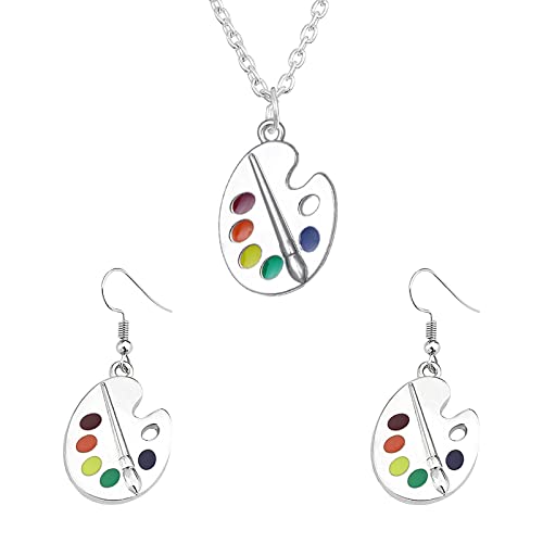 Unique Charm Paint Palette Dangle Earrings & Necklace Set - Colorful Paint Brush Drop Jewelry for Women | Perfect for Art Lovers, Teachers & Creative Fashion Accessories