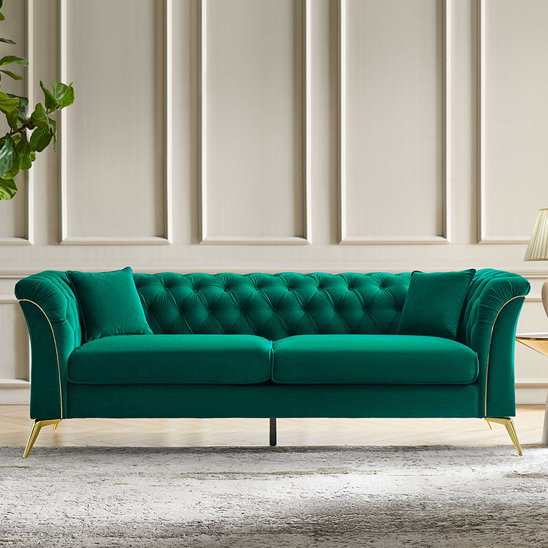 Modern Luxury Glam Velvet Sofa with Tufted Buttons & Gold Metal Accents - Elegant Living Room Furniture for Home Decor, Lounge & Entertaining