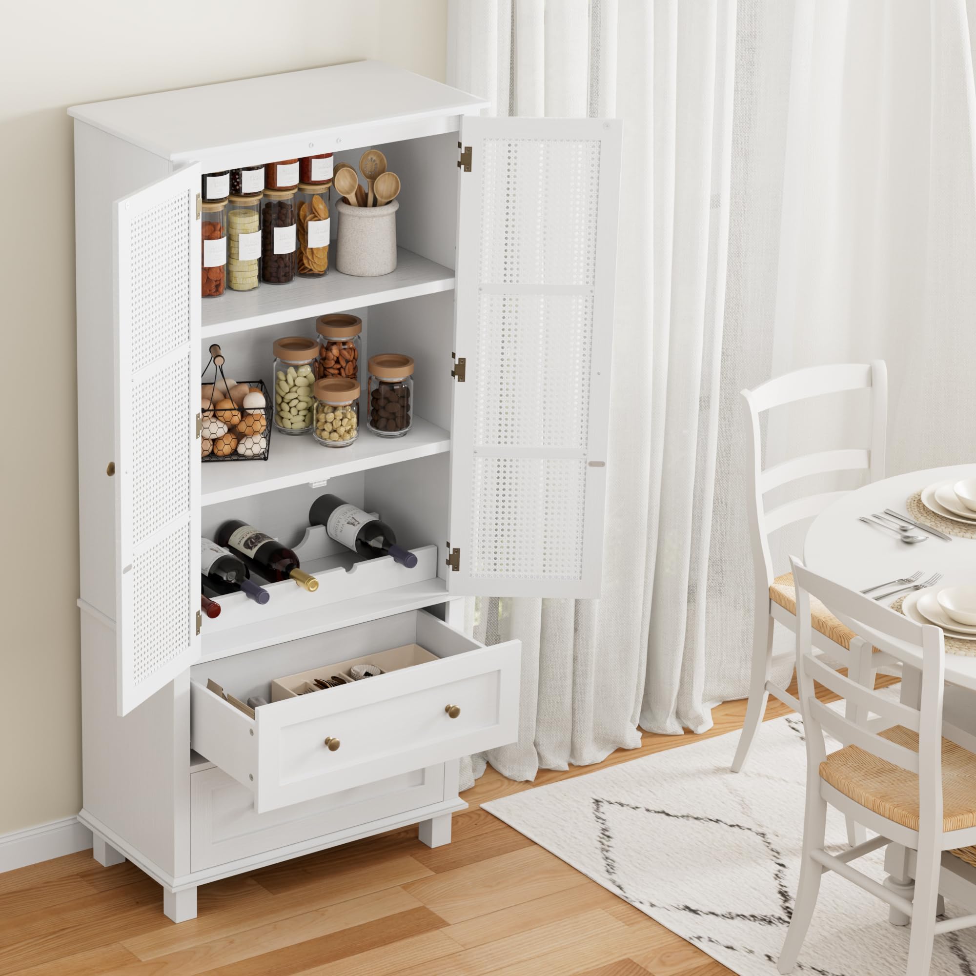 FOTOSOK White Kitchen Pantry Storage Cabinet with Rattan Doors, 2 Drawers & Adjustable Shelf - Perfect for Kitchen, Dining Room, and Home Organization