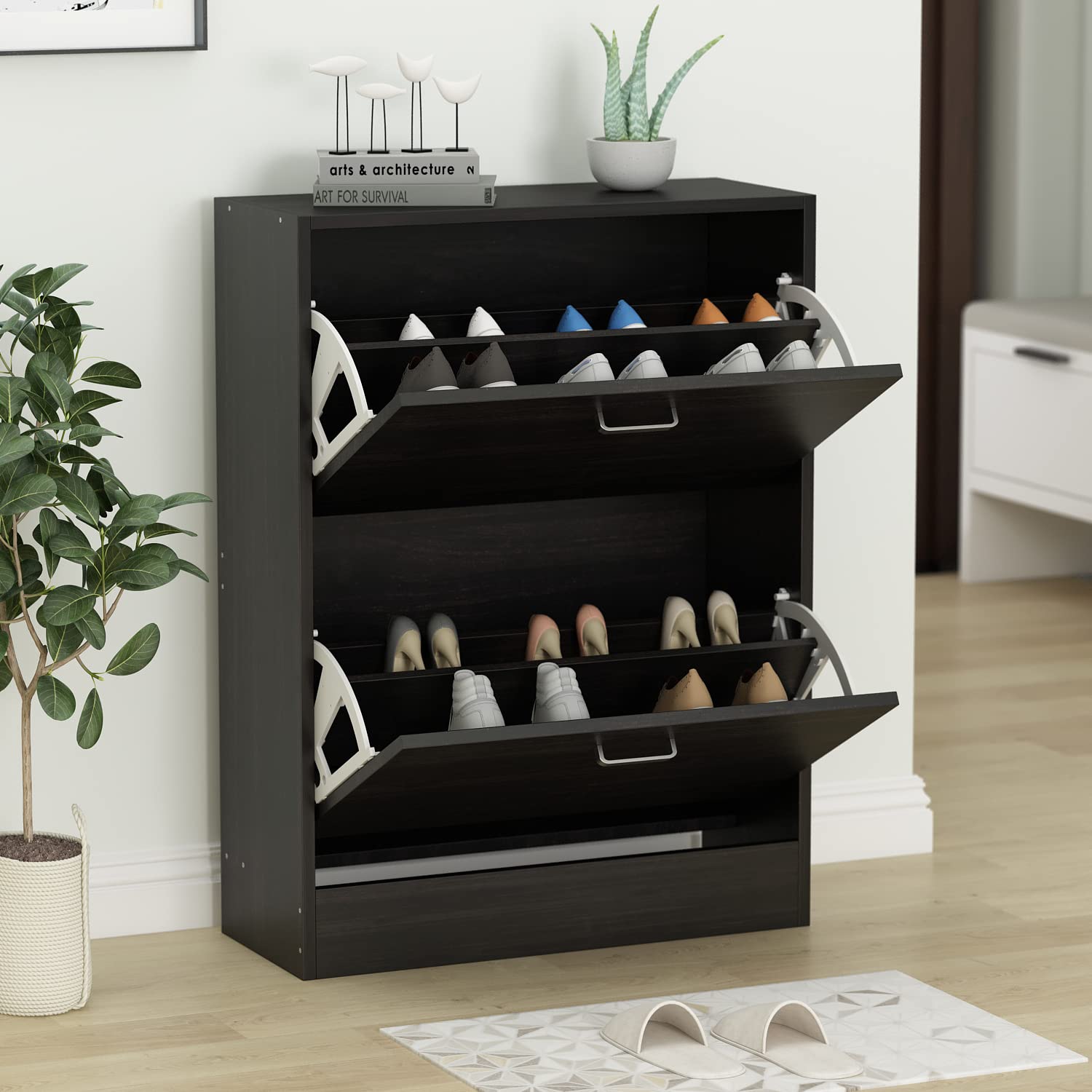Homsee Modern 2-Tier Shoe Storage Cabinet with Flip Drawers - Wooden Shoe Rack Organizer for Entryway, Hallway & Bedroom - Space-Saving Furniture (23.6”L x 9.4”W x 31.4”H) - Perfect for Small Apartments & Closet Organization