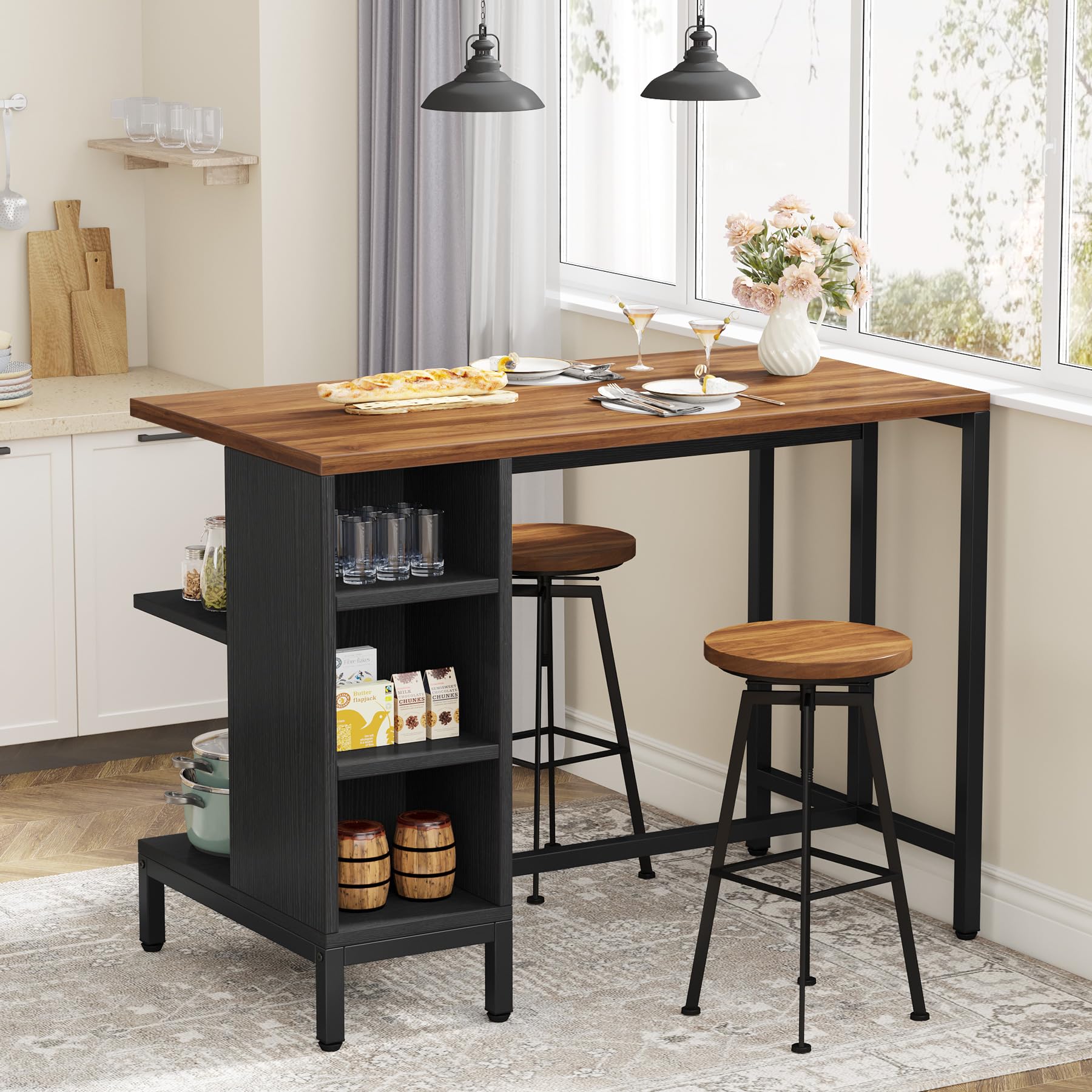 Tribesigns Industrial Kitchen Island with 5 Open Storage Shelves & Large Butcher Block Worktop - Rustic Bar Table for Small Space Kitchen, Dining Room, or Home Office (Stools Not Included) | Perfect for Food Prep, Entertaining & Extra Storage