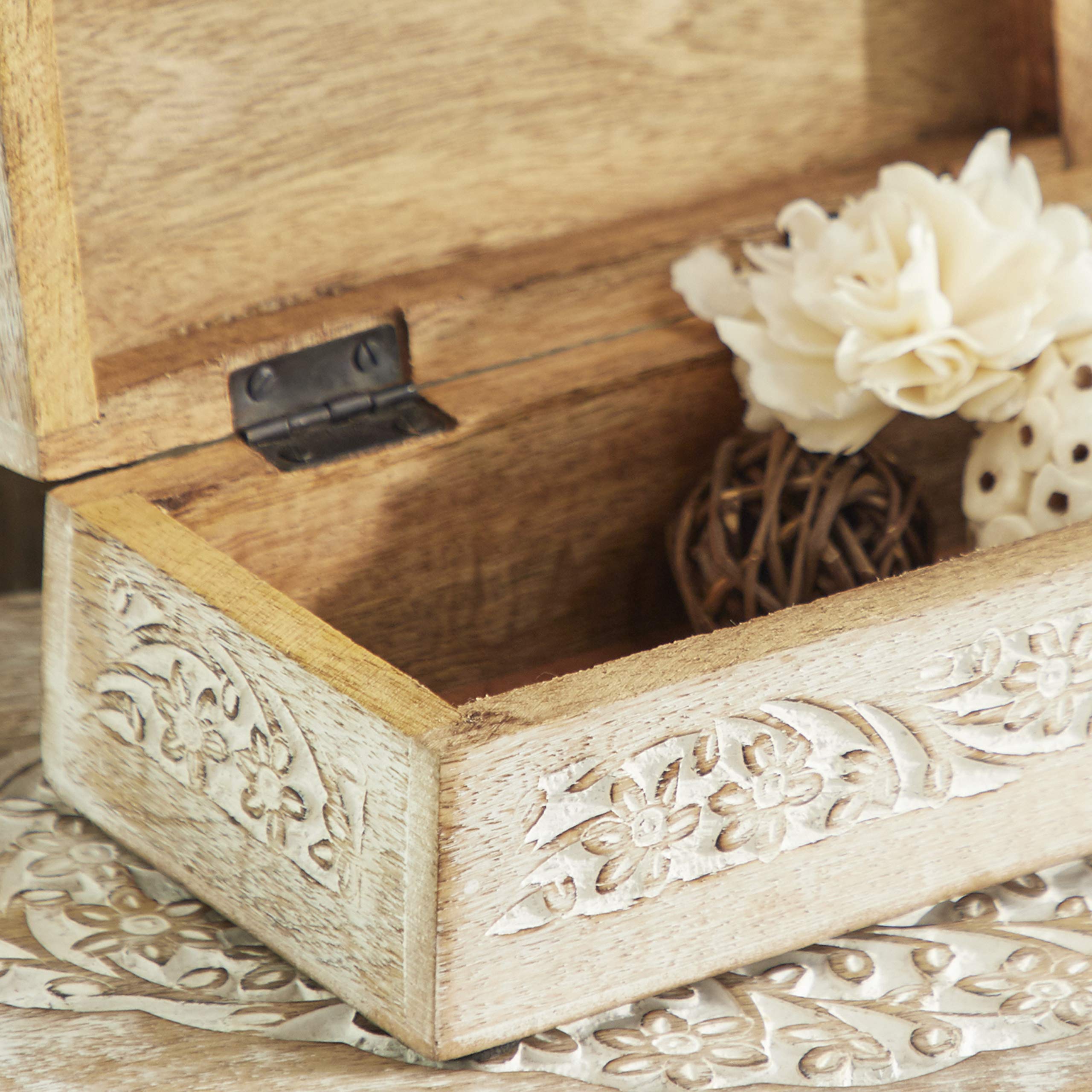 Mango Wood Floral Decorative Box Set of 3 - Storage for Home Decor