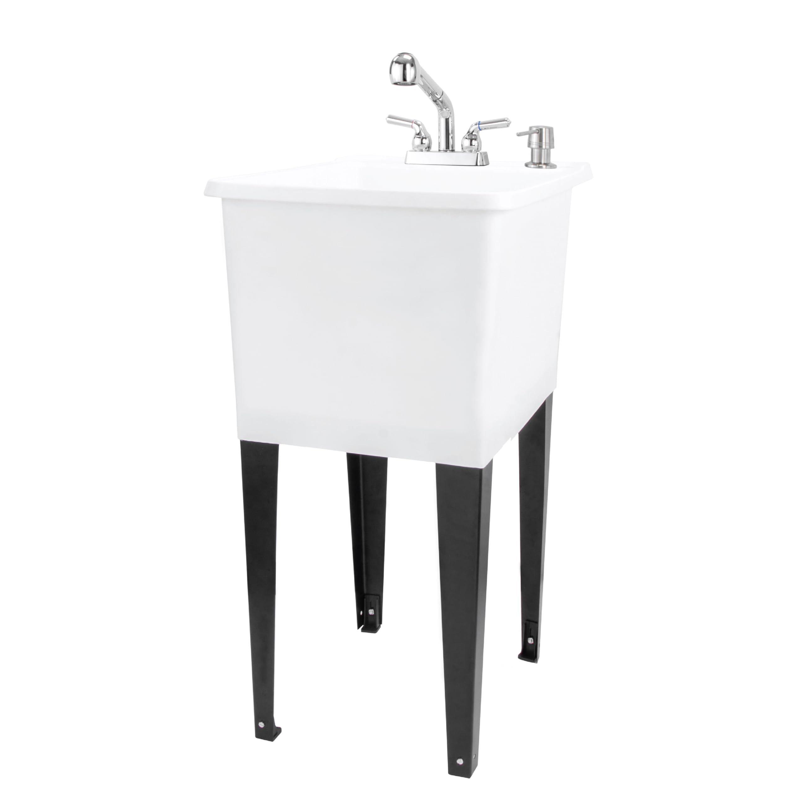 White Space-Saving Utility Sink with Chrome Pull-Out Faucet & Soap Dispenser | Freestanding Laundry Tub by JS Jackson Supplies | Perfect for Small Laundry Rooms, Basements & Garages