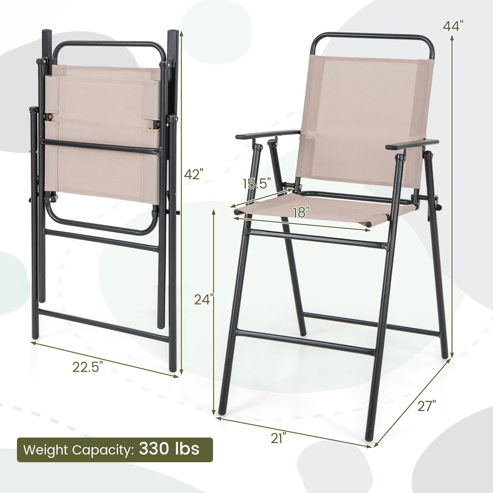 Giantex Outdoor Folding Bar Chair Set of 2 - Patio Bar Stools with Backrest, Armrests & Footrest - Heavy Duty 330 LBS Capacity Metal Frame Bar-Height Chairs for Backyard, Poolside, Balcony, Deck - Perfect for Outdoor Dining, Entertaining & Relaxation