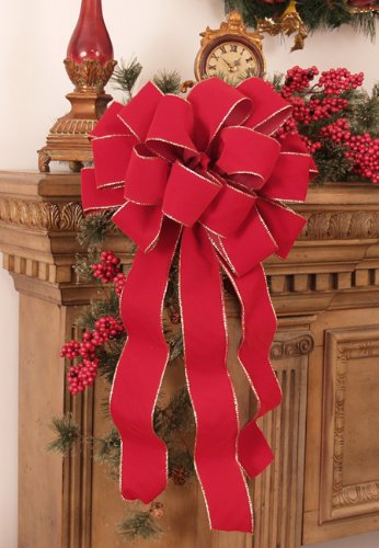 Premium Christmas Bows Set of 2 - Red Velvet with Gold Edged Trim for Holiday Gifts, Tree Decorations & Festive Wrapping