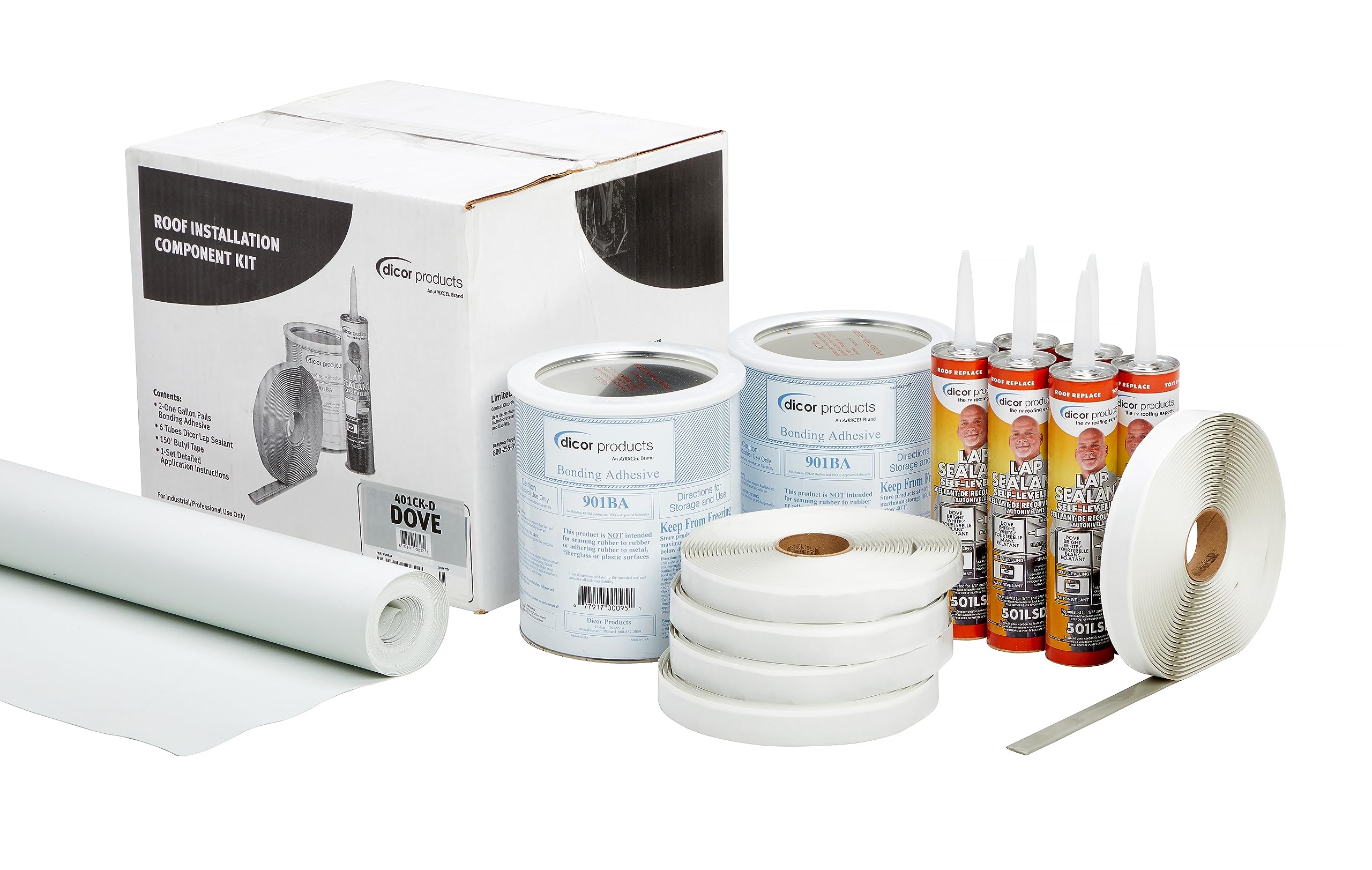 Dicor 401-CK-D RV Rubber Roof Repair Kit with Bonding Adhesive & Butyl Tape - Includes Lap Sealant for RV, Trailer, Motorhome Roof Maintenance (Bright White) - Perfect for Leak Prevention & Weatherproofing Roof Seams
