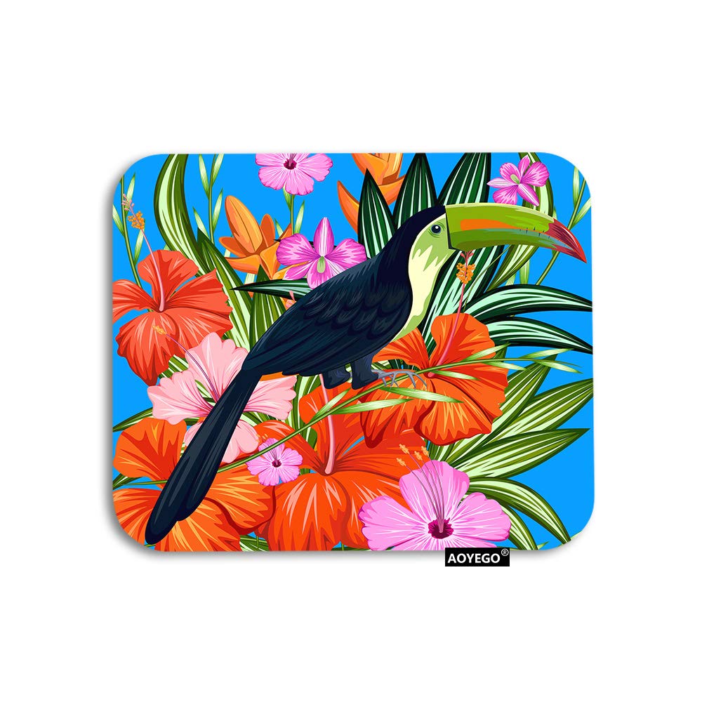 Exotic Tropical Floral Forest Bird Mouse Pad - Non-Slip Rubber Gaming Mousepad for Computer, Laptop, Office & Work Desk (9.5x7.9 Inch, Blue/Green/Red) - Perfect for Tropical-Themed Workspaces, Gaming Setups & Home Offices