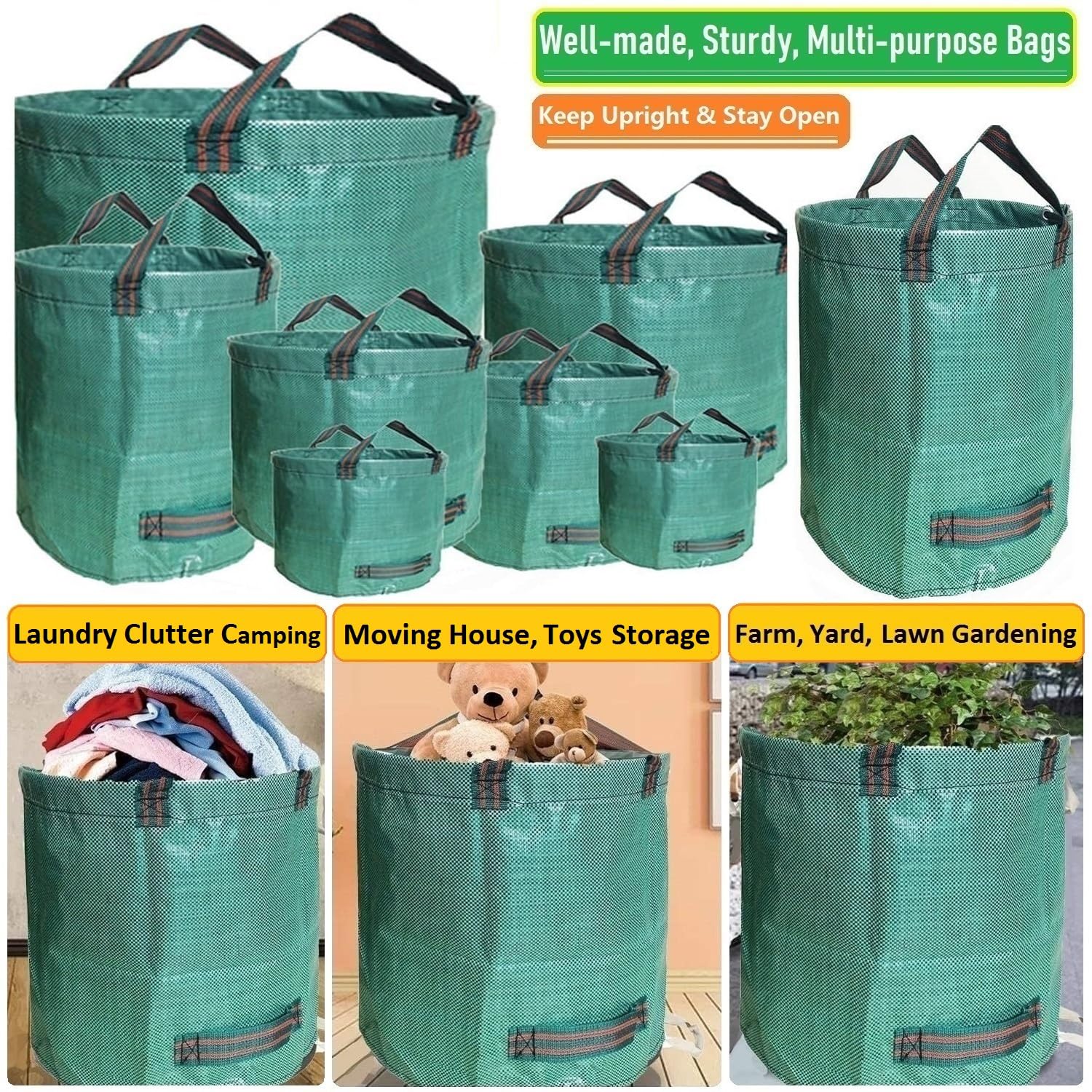 16 Gallon Heavy Duty Garden Waste Bags - 3 Pack with Coated Gardening Gloves | Durable Leaf Collection Bags, Patio Cleanup, Yard Waste Disposal, Reusable Trash Can & Laundry Container (18