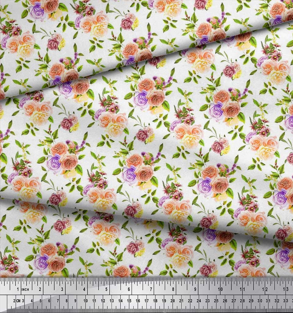 Soimoi 100% Cotton Cambric Fabric by The Yard - 56 Inch Wide Green Printed Fabric with Rose, Leaves & Denmark Rose Flower Design - Perfect for DIY Dresses, Curtains, Quilting & Home Decor Projects
