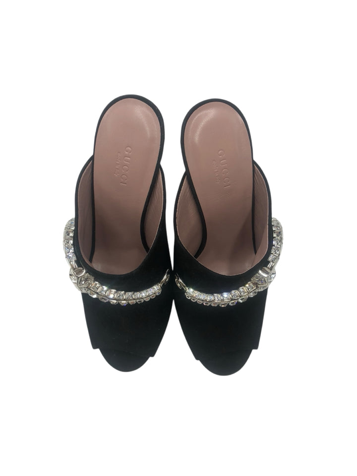 Gucci Maxime Crystal Embellished Peep Toe Heeled Mules for Women - Size 38.5 (US 8.5) - Elegant Evening Shoes for Parties, Weddings & Special Occasions