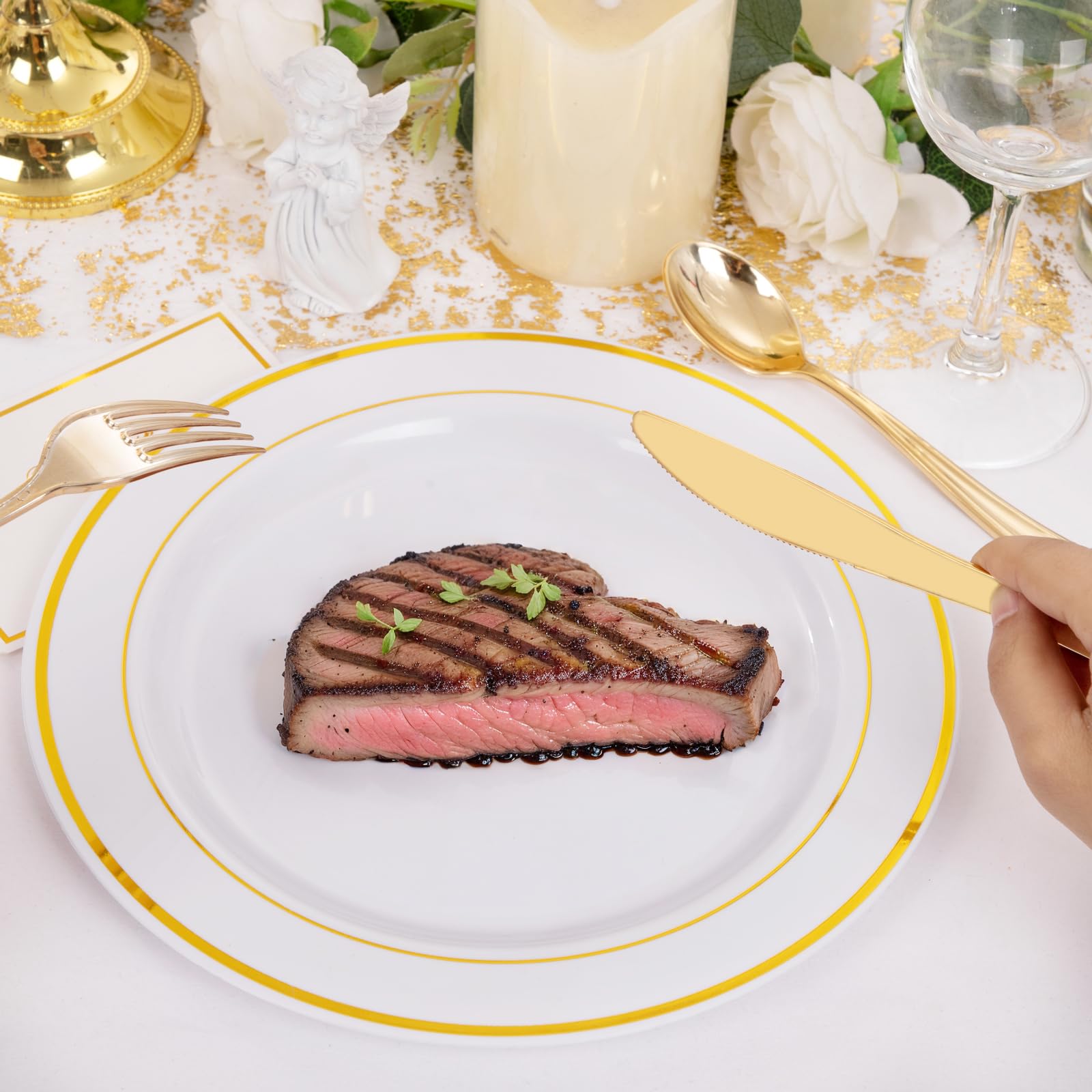 DaYammi 250-Piece Gold Plastic Dinnerware Set - 50 Gold Rim Dinner Plates, 50 Salad Plates, 50 Plastic Silverware Sets - Elegant Disposable Tableware for Weddings, Parties, Banquets & Special Events